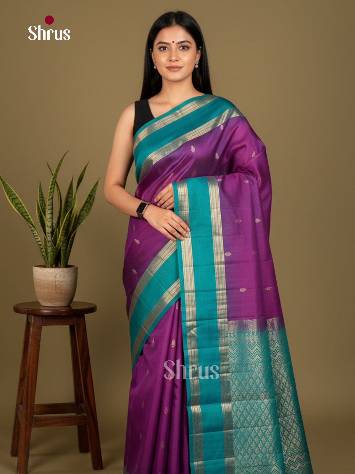 Buy Regal Purple Soft Silk Sarees with Gold Buttas, Teal Blue Rettaipet Border & Brocade Pallu