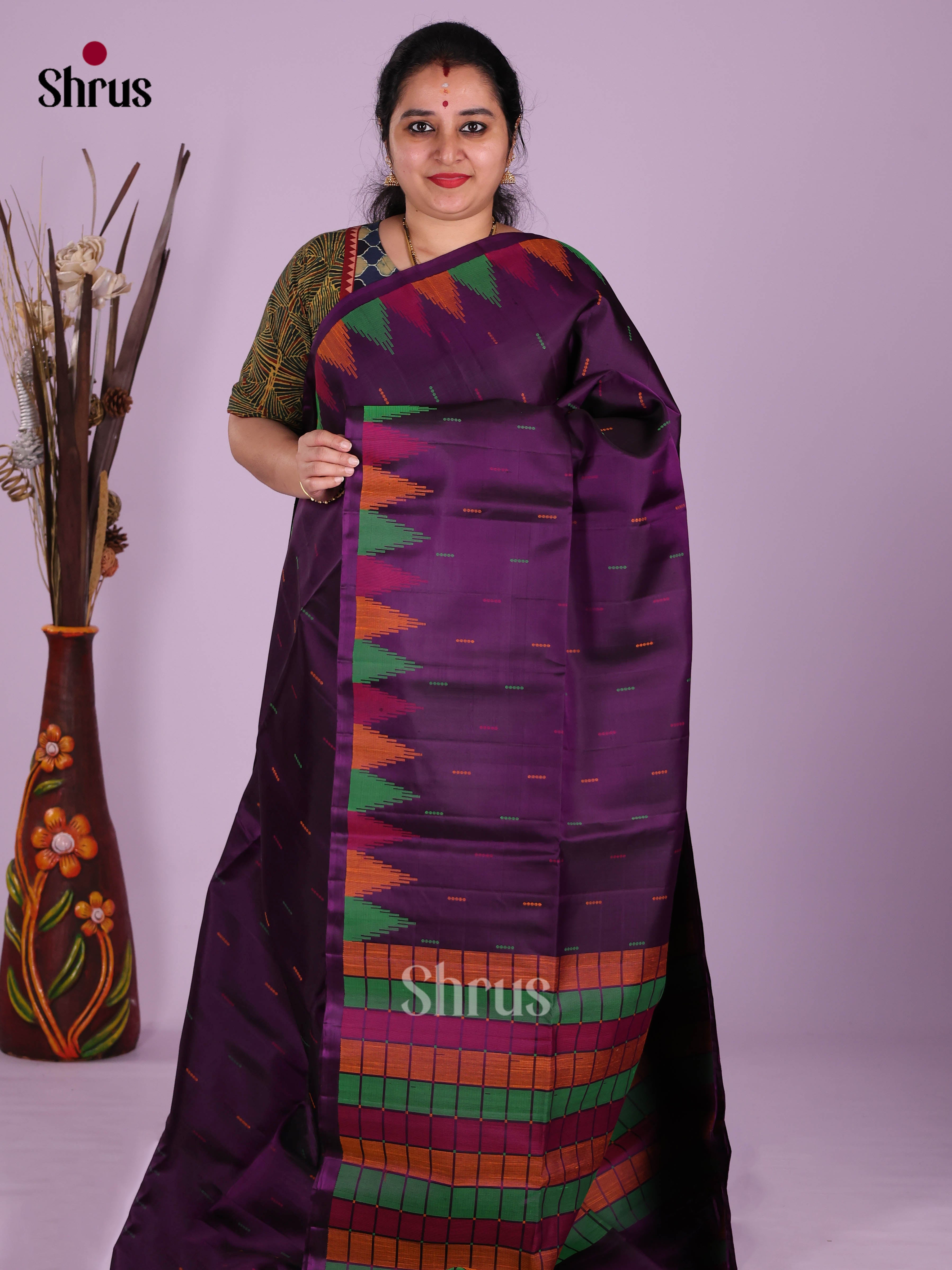 Buy Vibrant Purple Soft Silk Sarees with Thread Work Buttas, Temple Motifs Border & Colorful Pallu