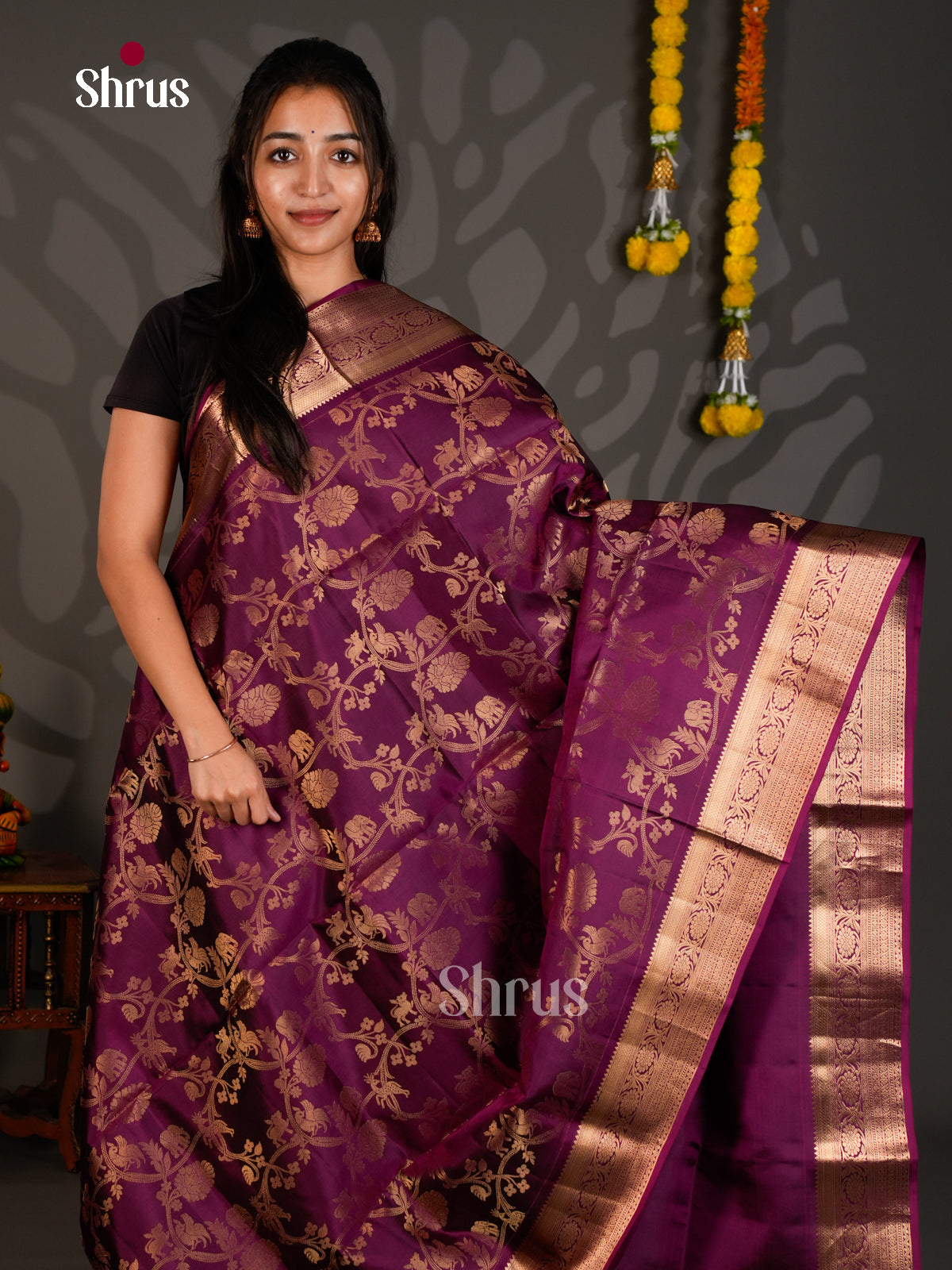 Buy Sheeny Purple Soft Silk Sarees with Vanashigaram Style Floral Vines, Zari Border & Brocade Pallu