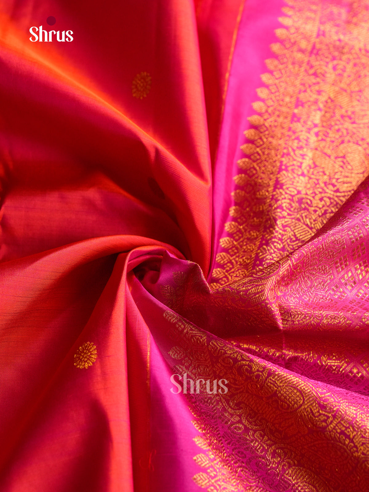Radiant Coral Red Pattu Saree With Golden Buttas | Magenta Rettapet Zari Border & Brocade Pallu
