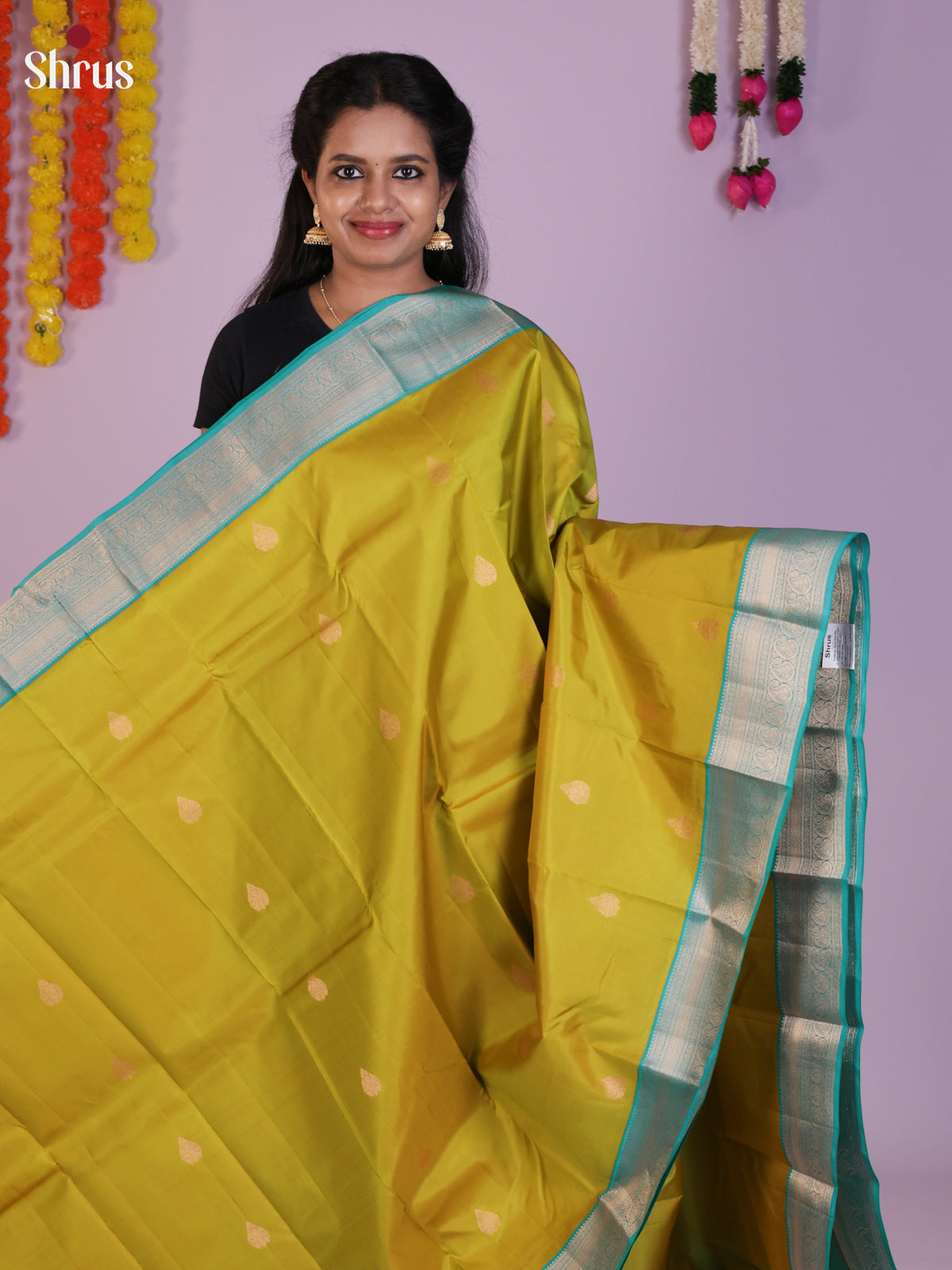 Radiant Mustard Green Kanchipuram Saree with Gold Buttas & Sea Blue Paisley Border