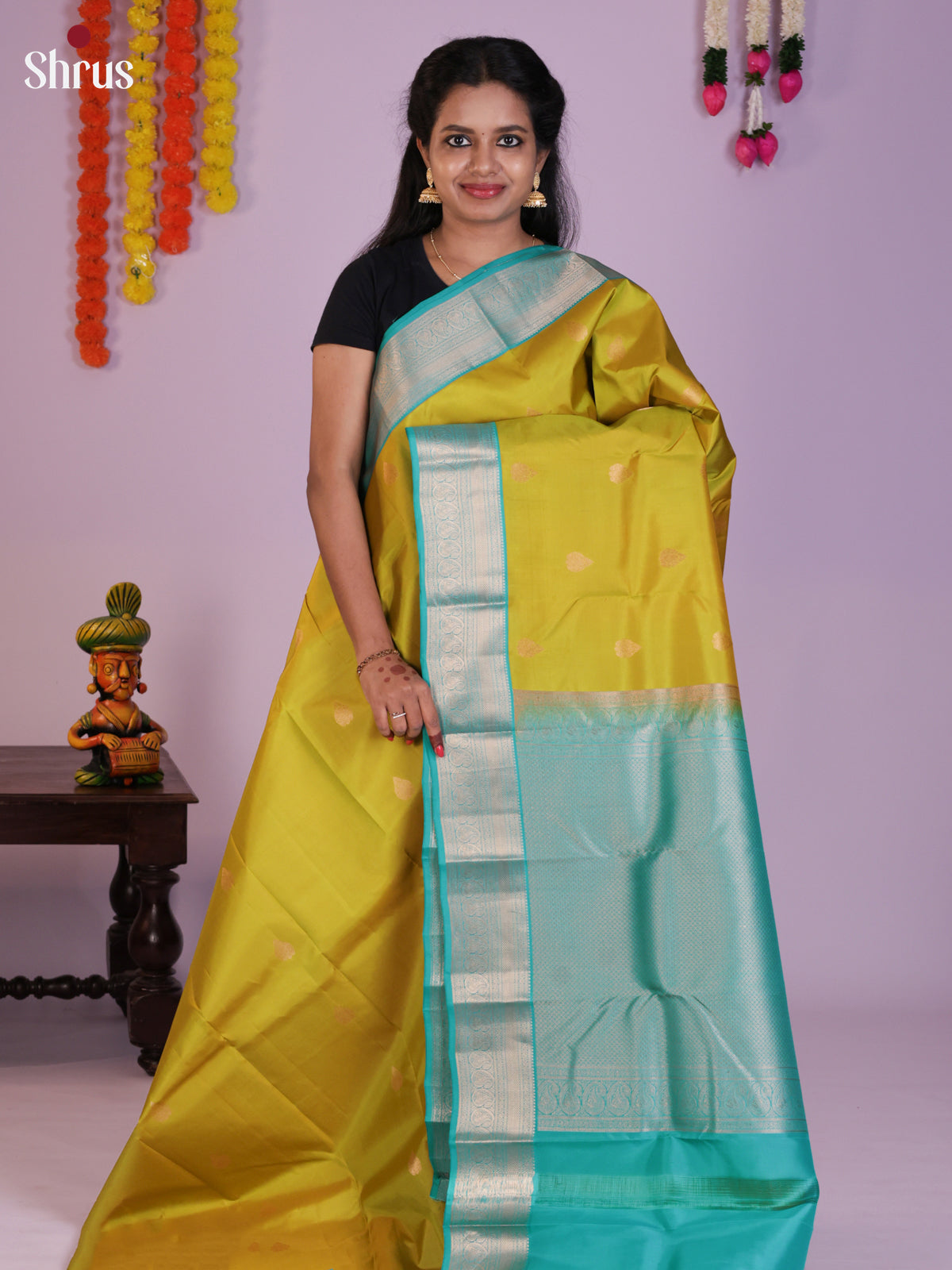 Radiant Mustard Green Kanchipuram Silk Saree with Gold Buttas & Sea Blue Paisley Border