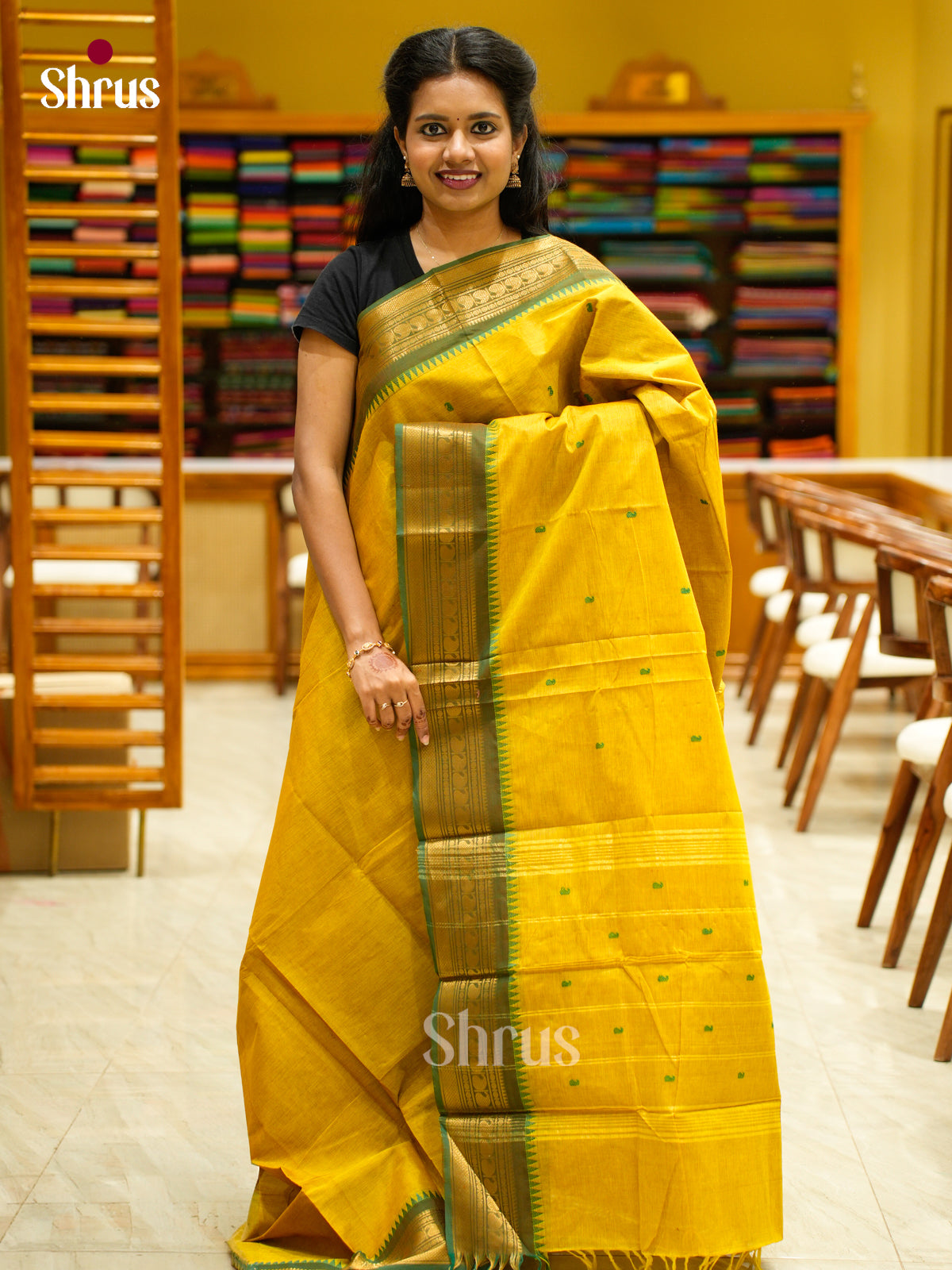 Radiant Mustard Yellow Chettinad Cotton Saree With Thread Butta & Olive Green Temple Zari Border