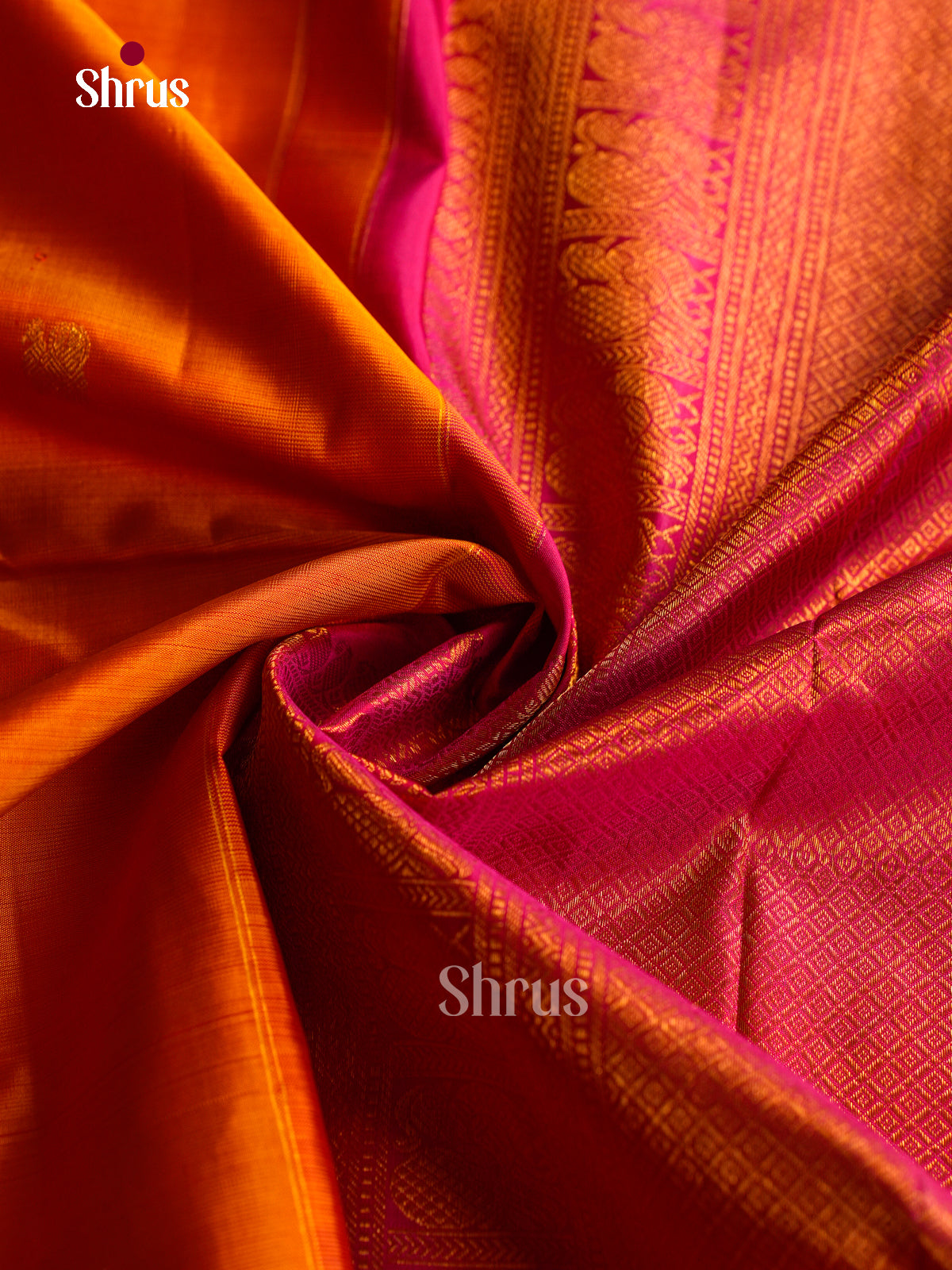 Radiant Orange Kanchipuram Pattu Saree With Golden Buttas, Pink Rettapet Border & Zari Brocade Pallu