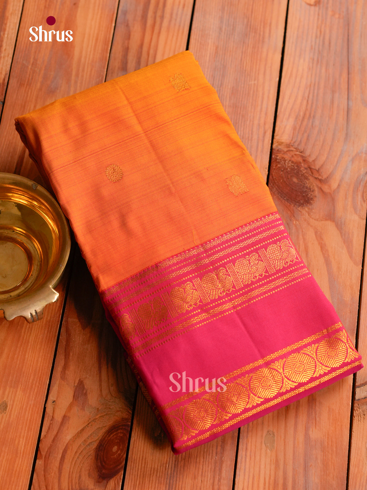 Radiant Orange Kanchipuram Saree With Golden Buttas, Pink Rettapet Border & Zari Brocade Pallu