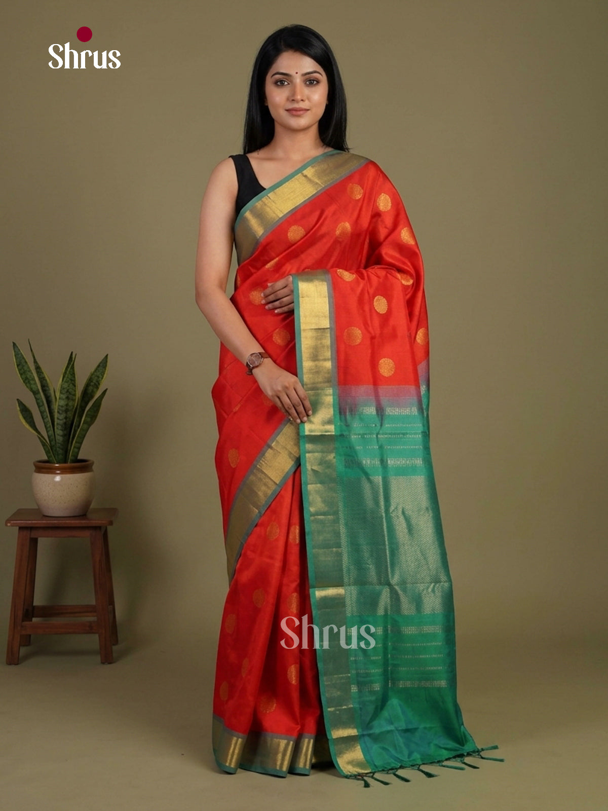 Radiant Orange Silk Cotton Saree with Gold Circular Motifs & Teal Green Kaddi Zari Border