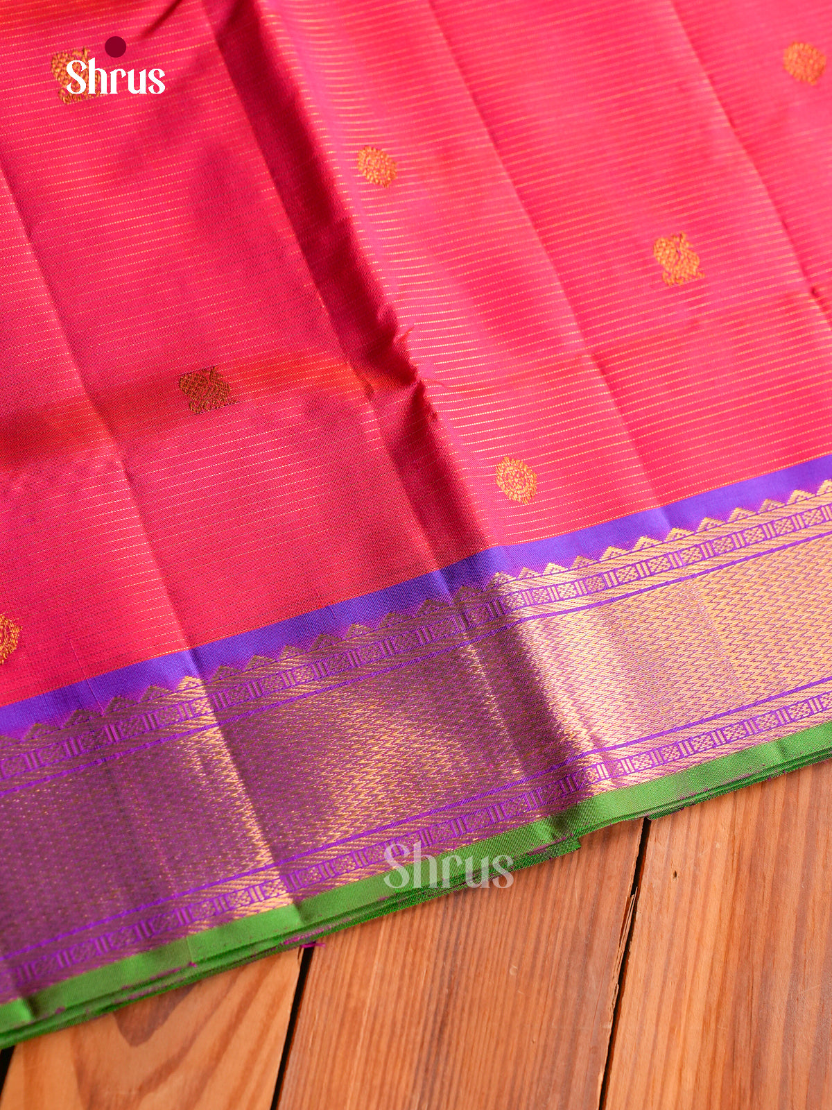 Radiant Pink 9Yards Kanchipuram Sarees With Gold Buttas | Violet Kaddi Zari Border
