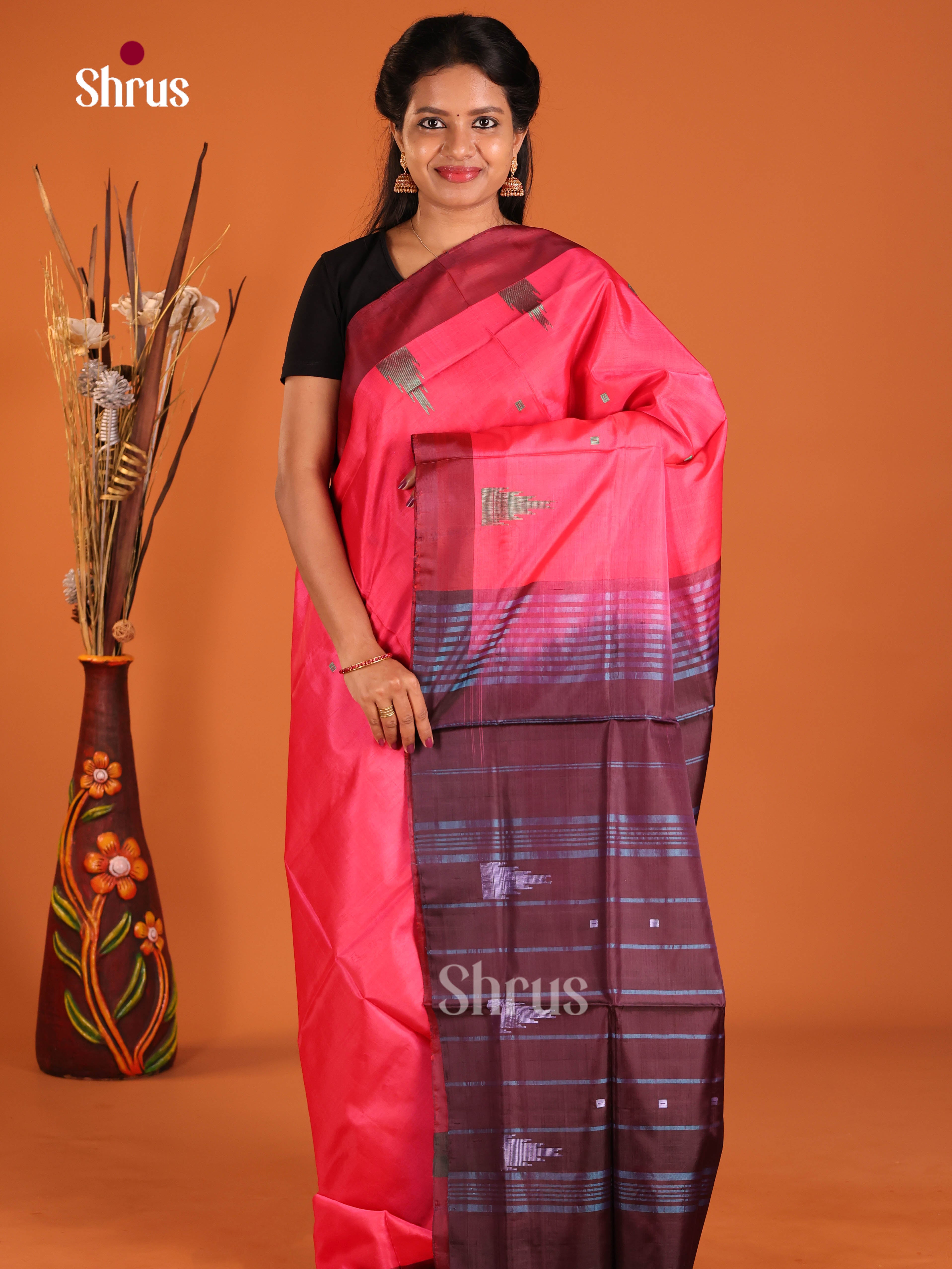 Vibrant Rani Pink Banana Pith Saree With Temple Motifs & Traditional Wine Pallu