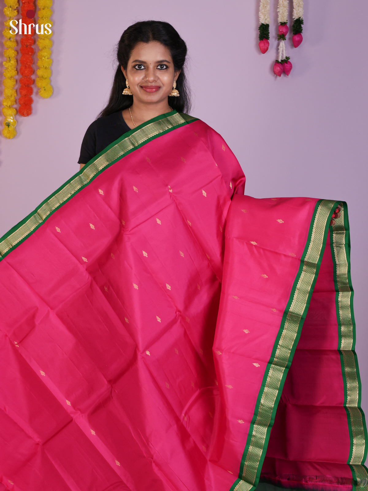 Buy Pretty Rani Pink Kanchipuram Saree With Gold Buttas, Green Zari Border & Brocade Pallu