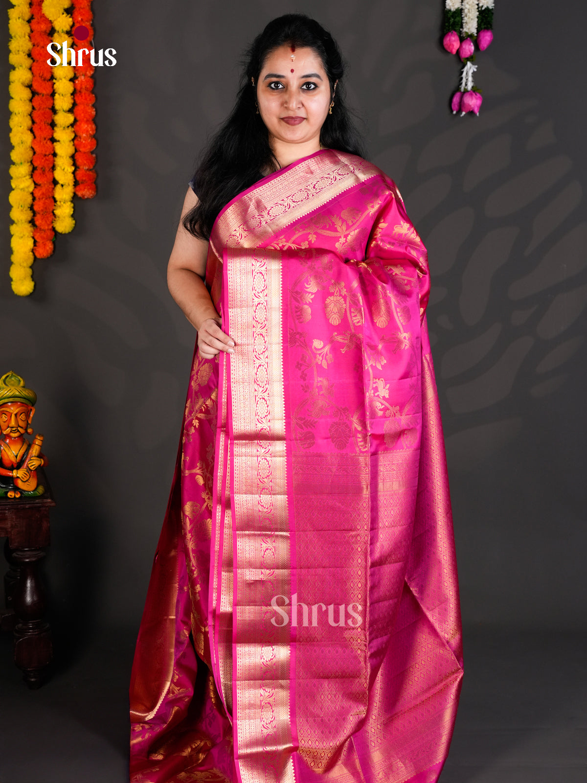 Buy Traditional Rani Pink Soft Silk Saree with Floral Nestling Pattern, Zari Border & Brocade Pallu