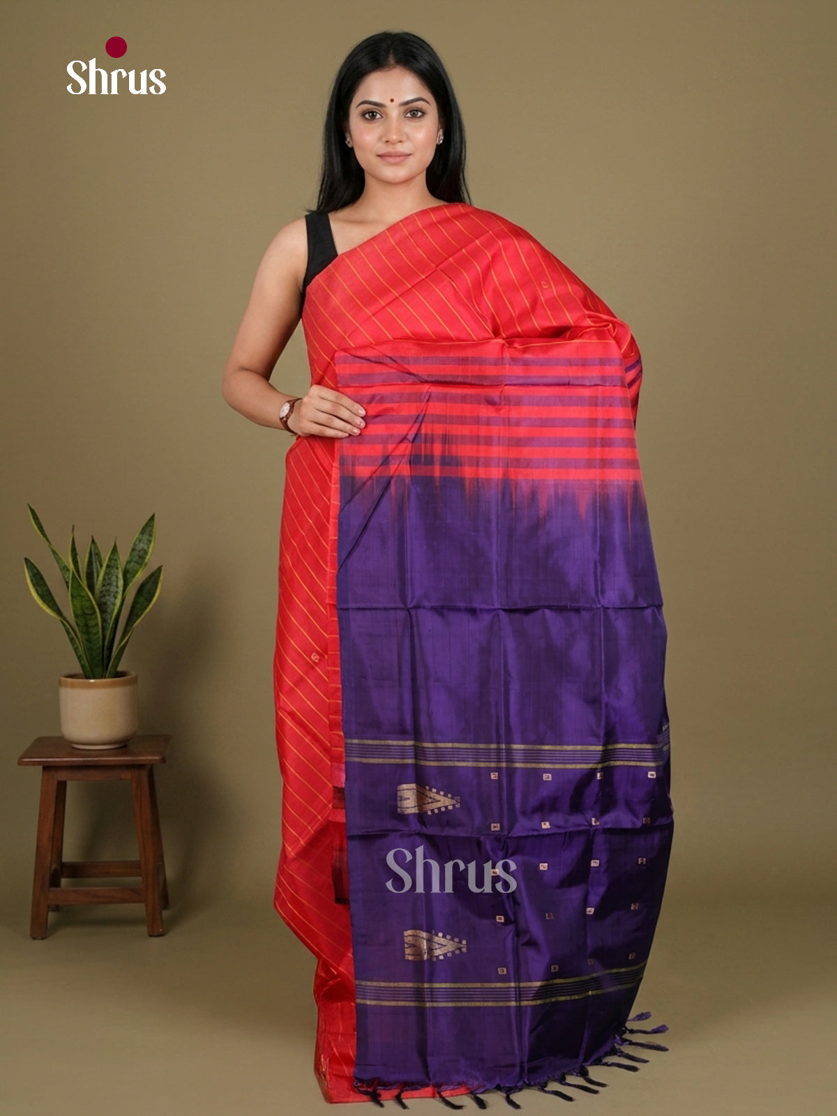 Buy Classic Red Banana Pith Saree With Zari Stripes & Navy Blue Traditional Pallu
