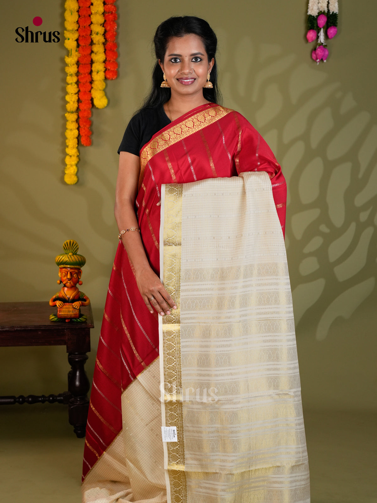 Buy Classic Red Half & Half Mysore Silk Saree with Gold Stripes, Cream Checks & Zari Pallu