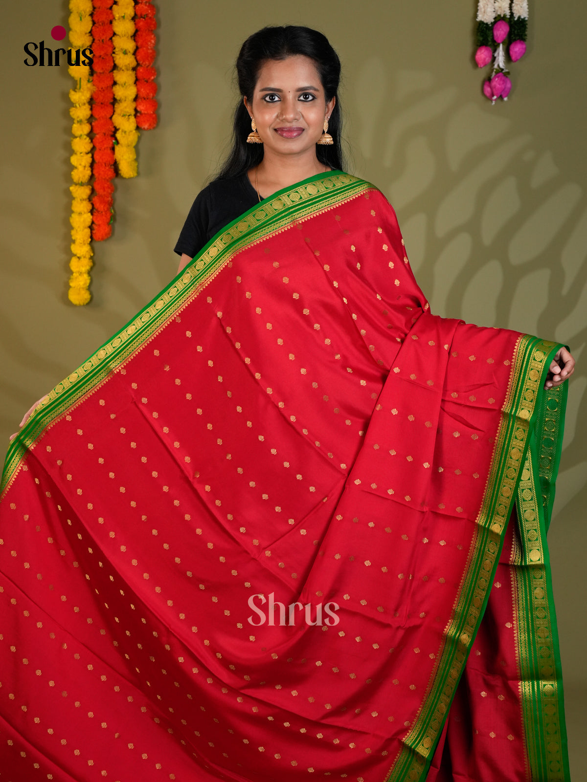 Buy Bright Red Mysore Silk Sarees with Gold Buttas, Green Zari Border & Striped Pallu