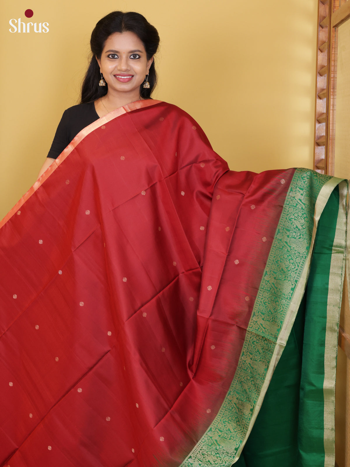Buy Classy Red Pure Soft Silk Saree With Golden Coin Buttas, Green Zari Woven Border & Pallu
