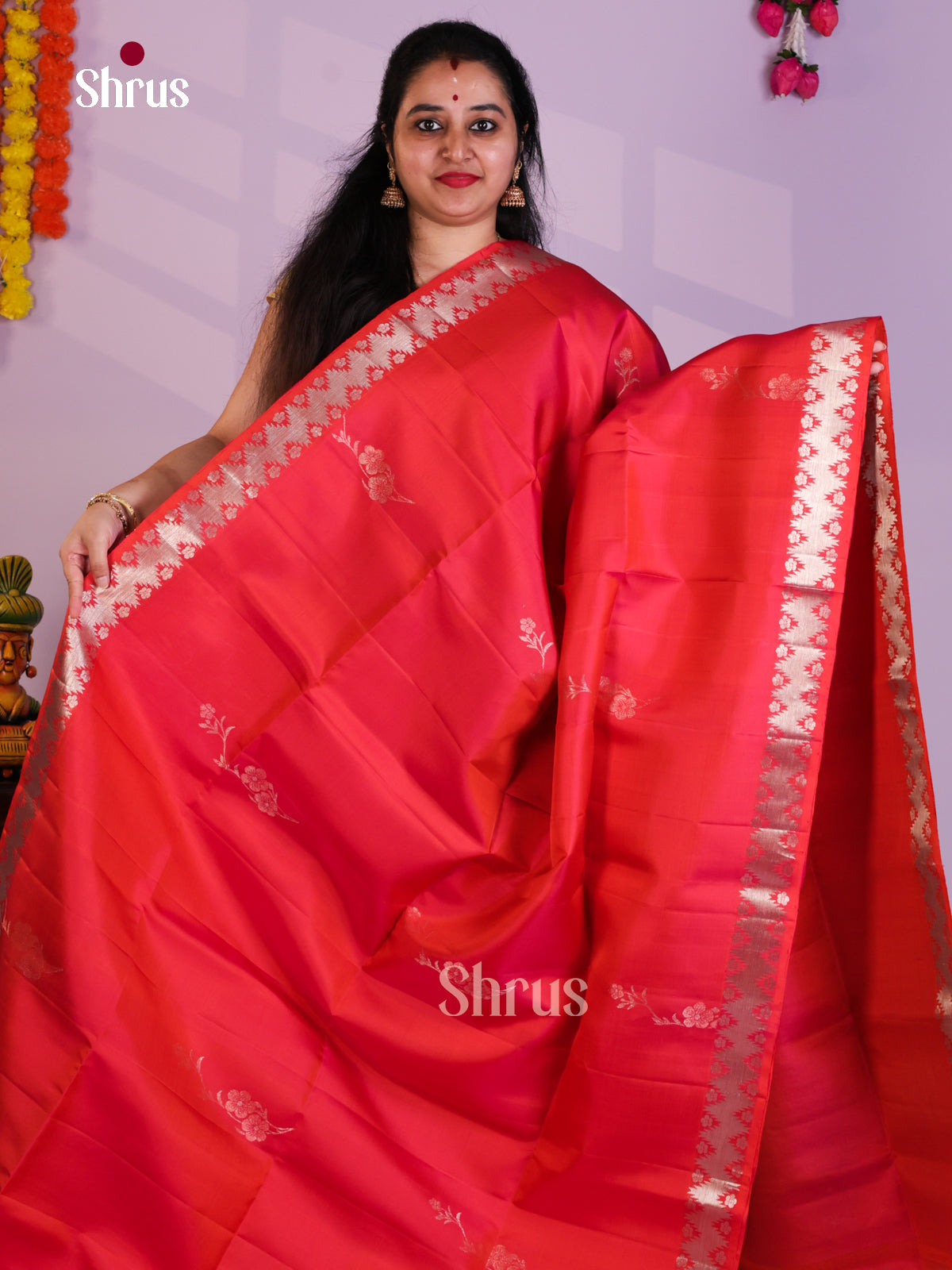 Buy Radiant Peachy Red Pure Soft Silk Saree with Silver Zari Floral Sprays & Brocade Pallu