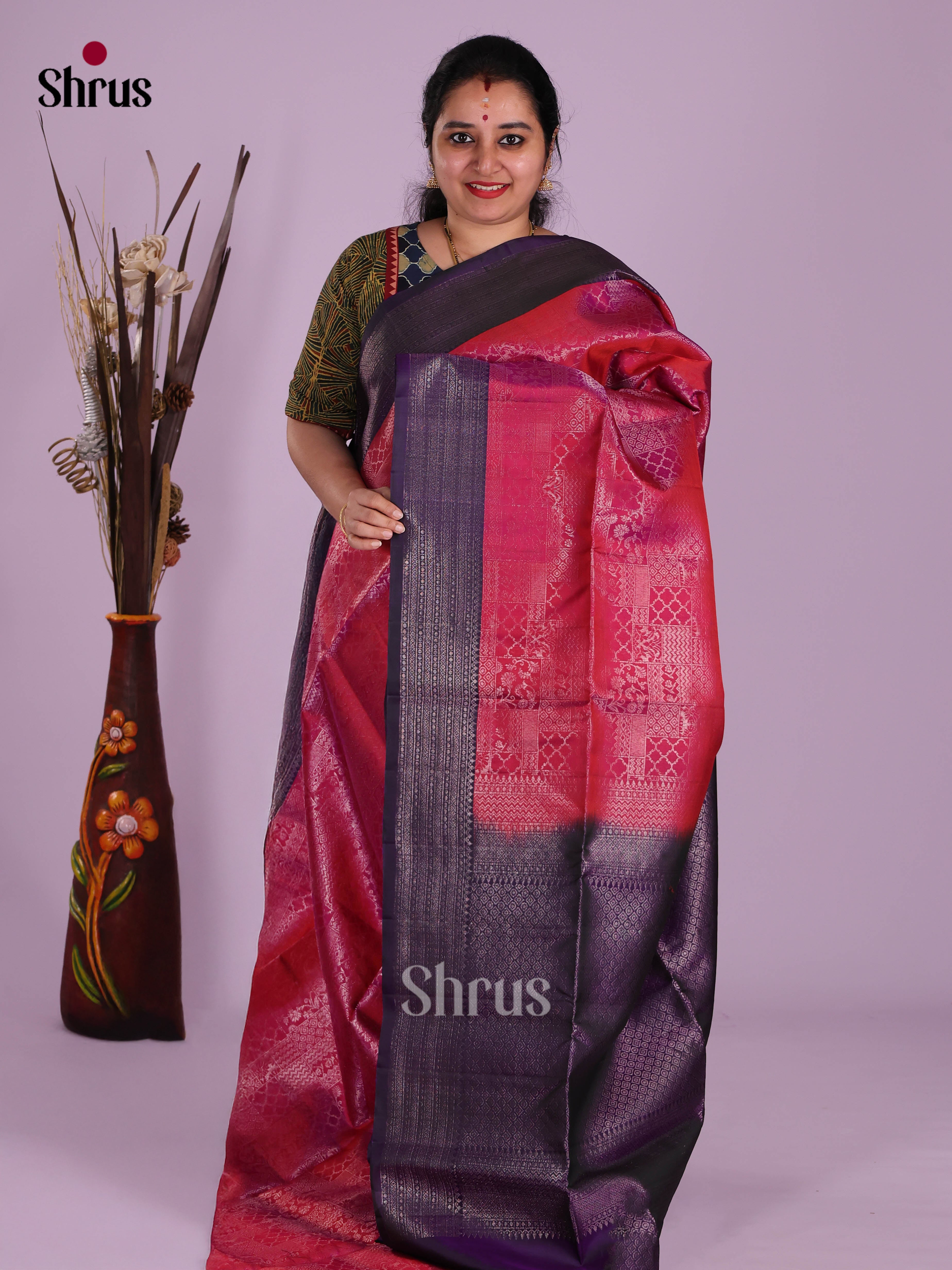 Buy Vibrant Red Soft Silk Saree With Silver Zari Blocks, Deep Purple Border & Brocade Pallu