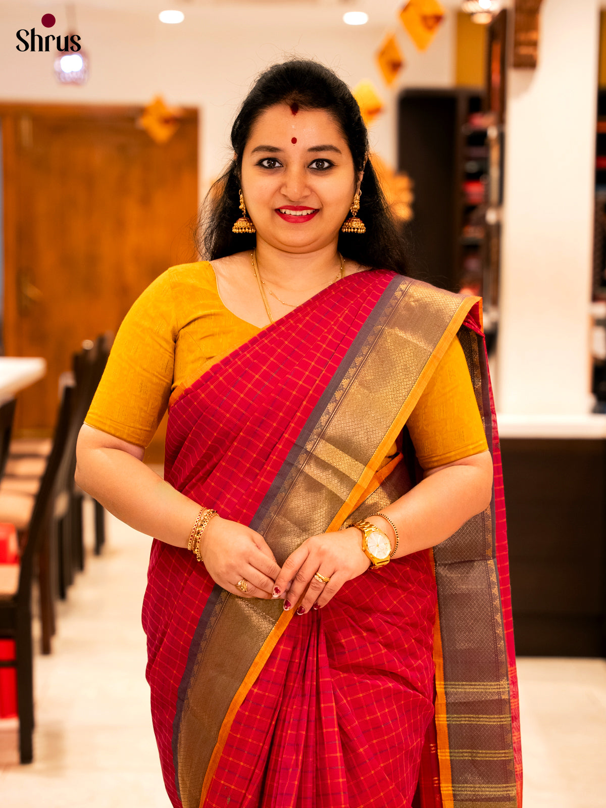Alluring Reddish Pink Chettinad Cotton Sarees With Checks & Mustard Zari Woven Border