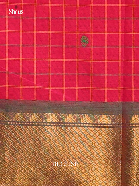 Alluring Reddish Pink Chettinad Sarees With Checks & Mustard Zari Woven Border