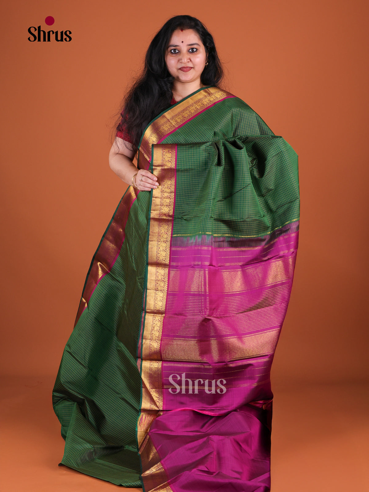 Regal Bottle Green Kanchipuram Silk Saree With Micro Checks | Magenta Pink Zari Border & Striped Pallu