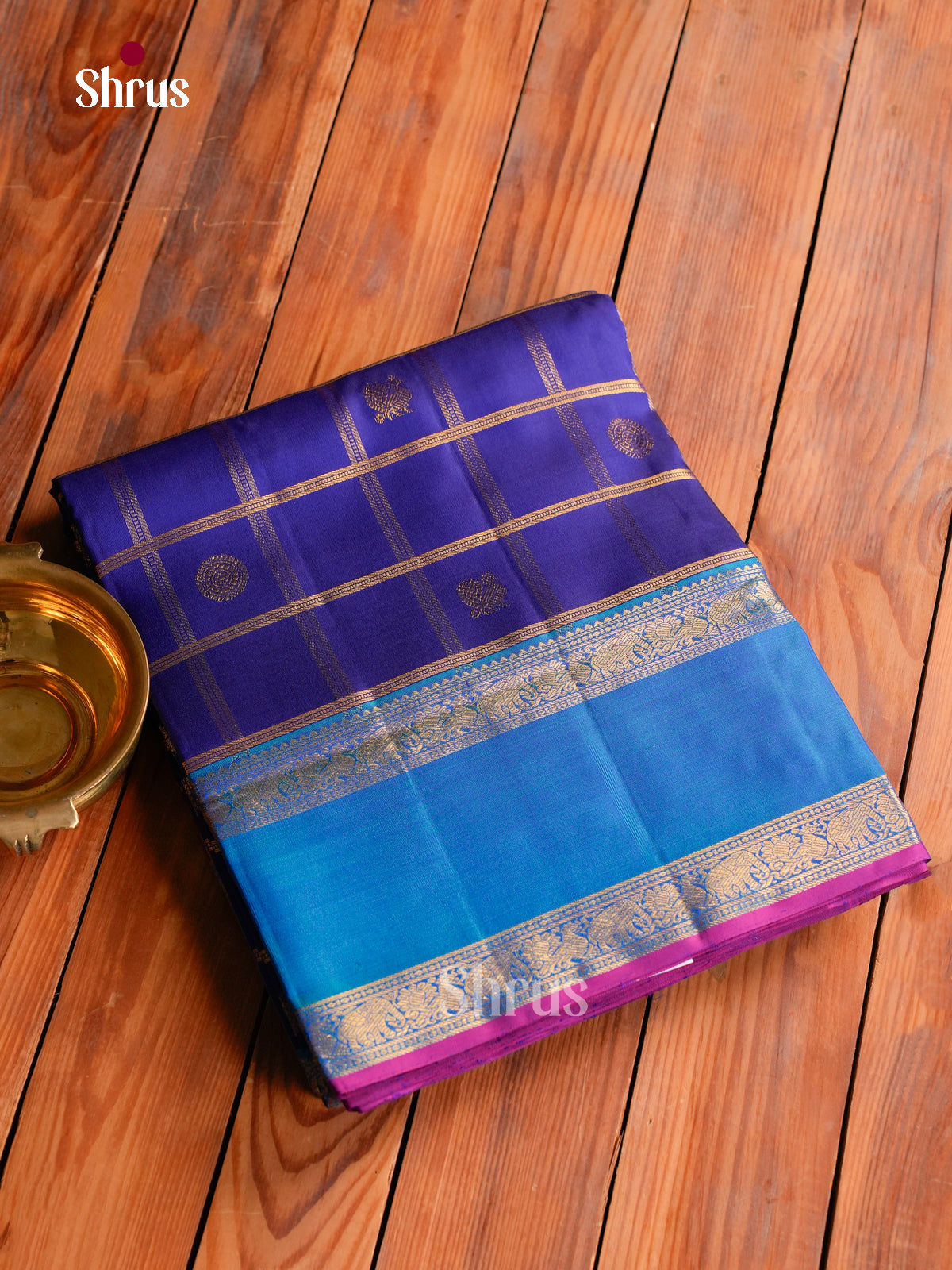 Regal Dark Blue 9Yards Kanchipuram Saree With Checks & Buttas | Blue Rettapet Zari Border
