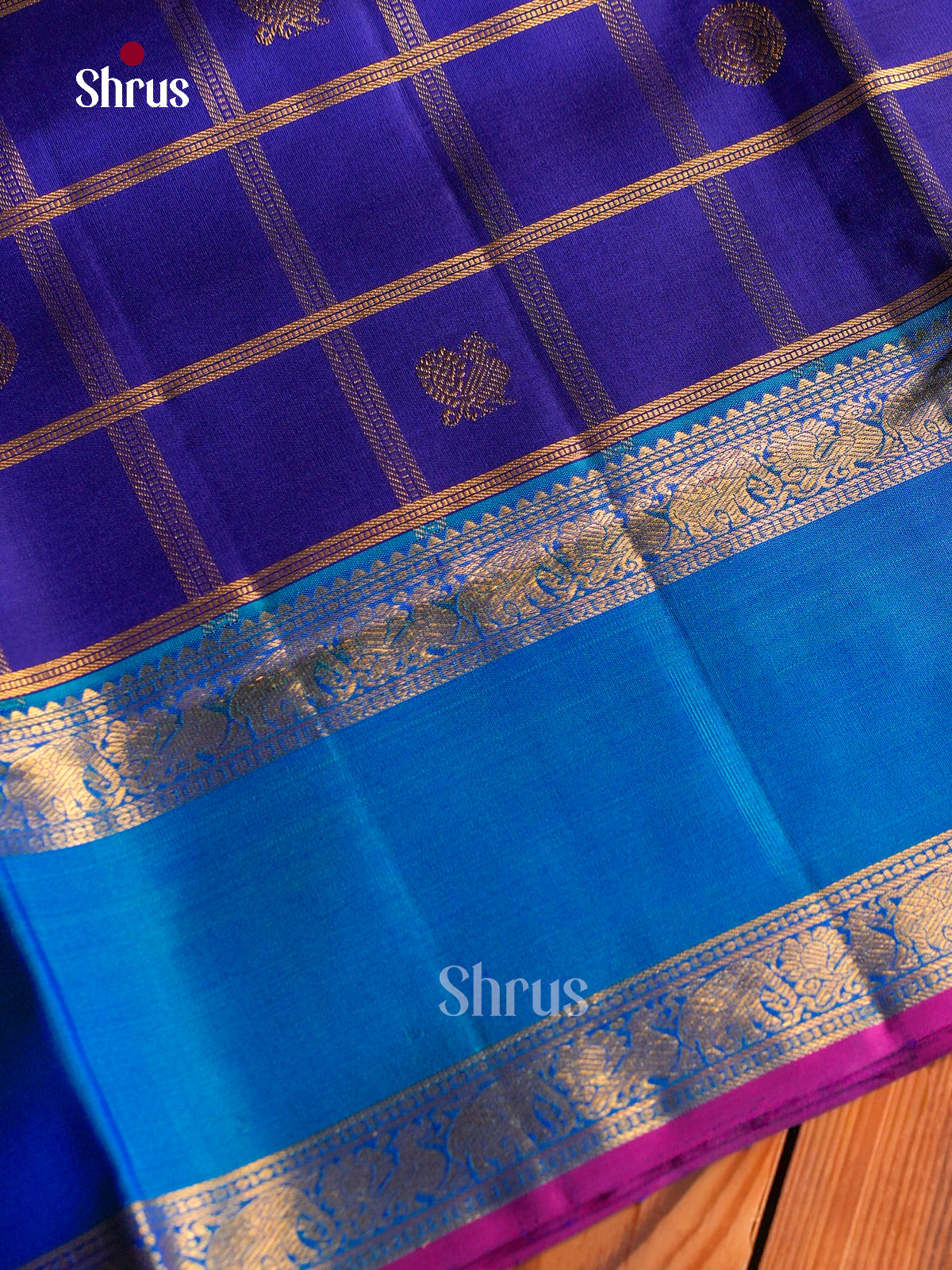 Regal Dark Blue 9Yards Kanchipuram Sarees With Checks & Buttas | Blue Rettapet Zari Border