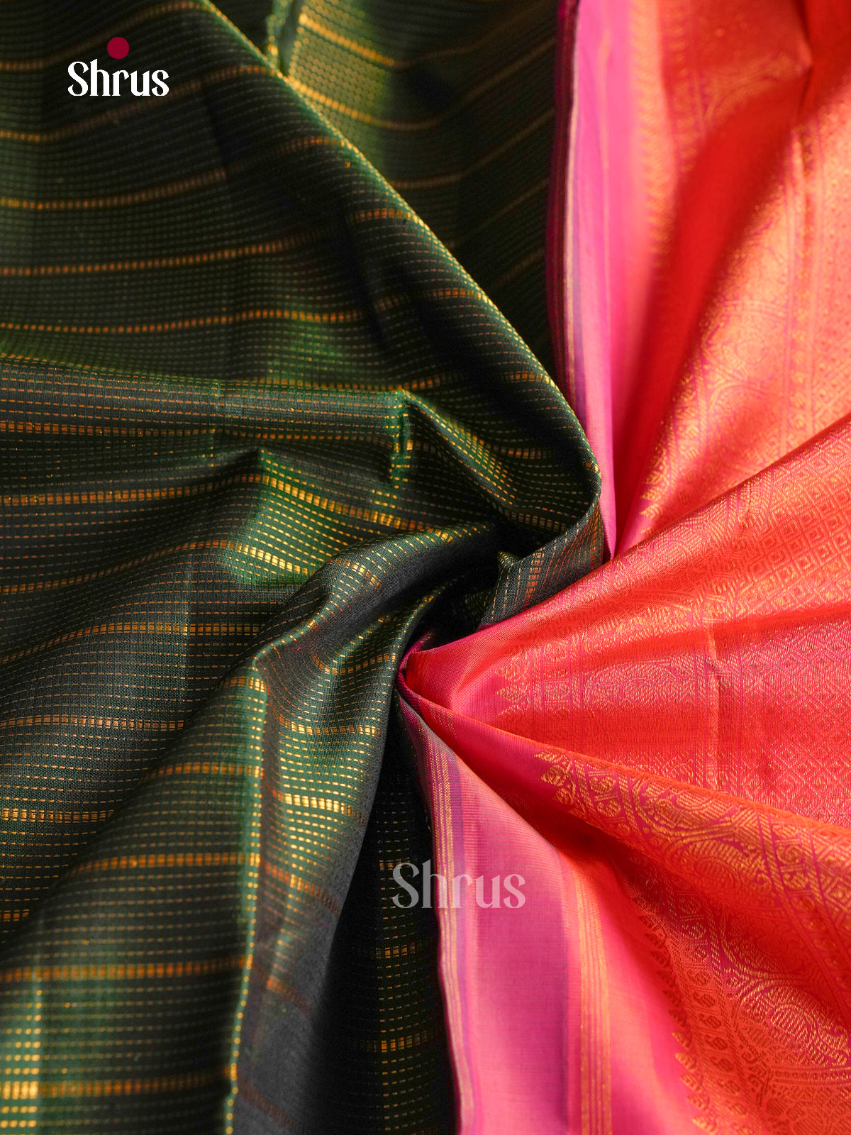 Regal Dark Green Pattu Saree With Dotted Zari Stripes | Pink Zari Border & Brocade Pallu