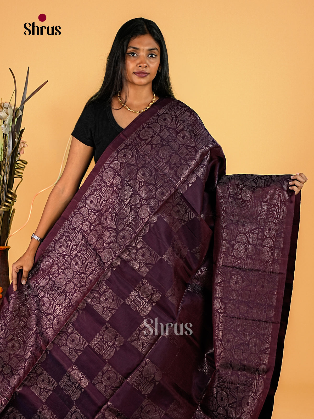 Regal Deep Plum Soft Silk Sarees with Geometric Motifs, Self Zari Woven Border & Brocade Pallu 1