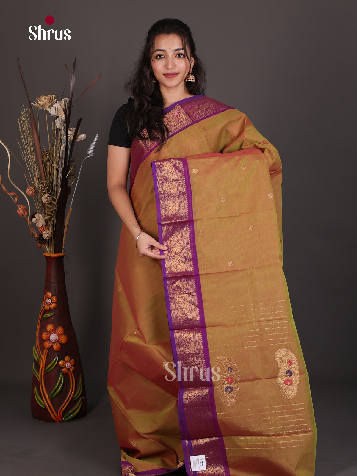 Regal Dual Tone Mustard Chettinad Cotton Saree With Gold Floral Buttas & Purple Zari Border