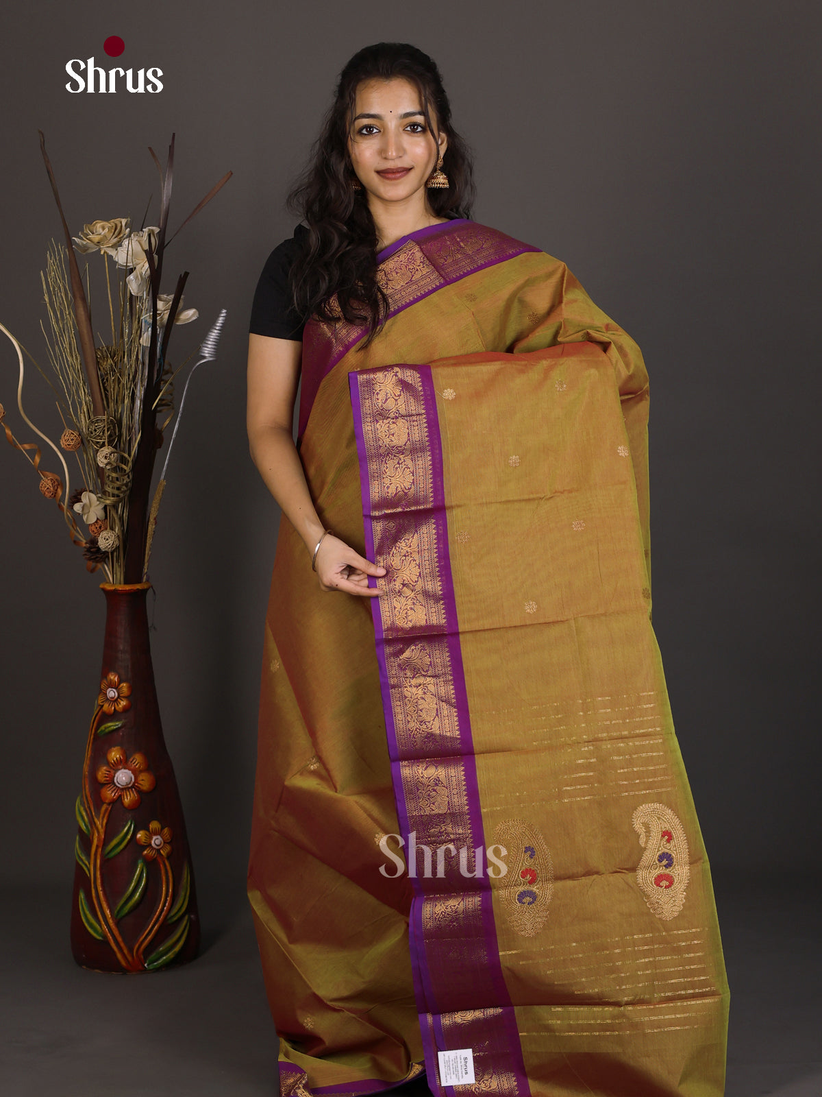 Regal Dual Tone Mustard Chettinad Cotton Saree With Gold Floral Buttas & Purple Zari Border