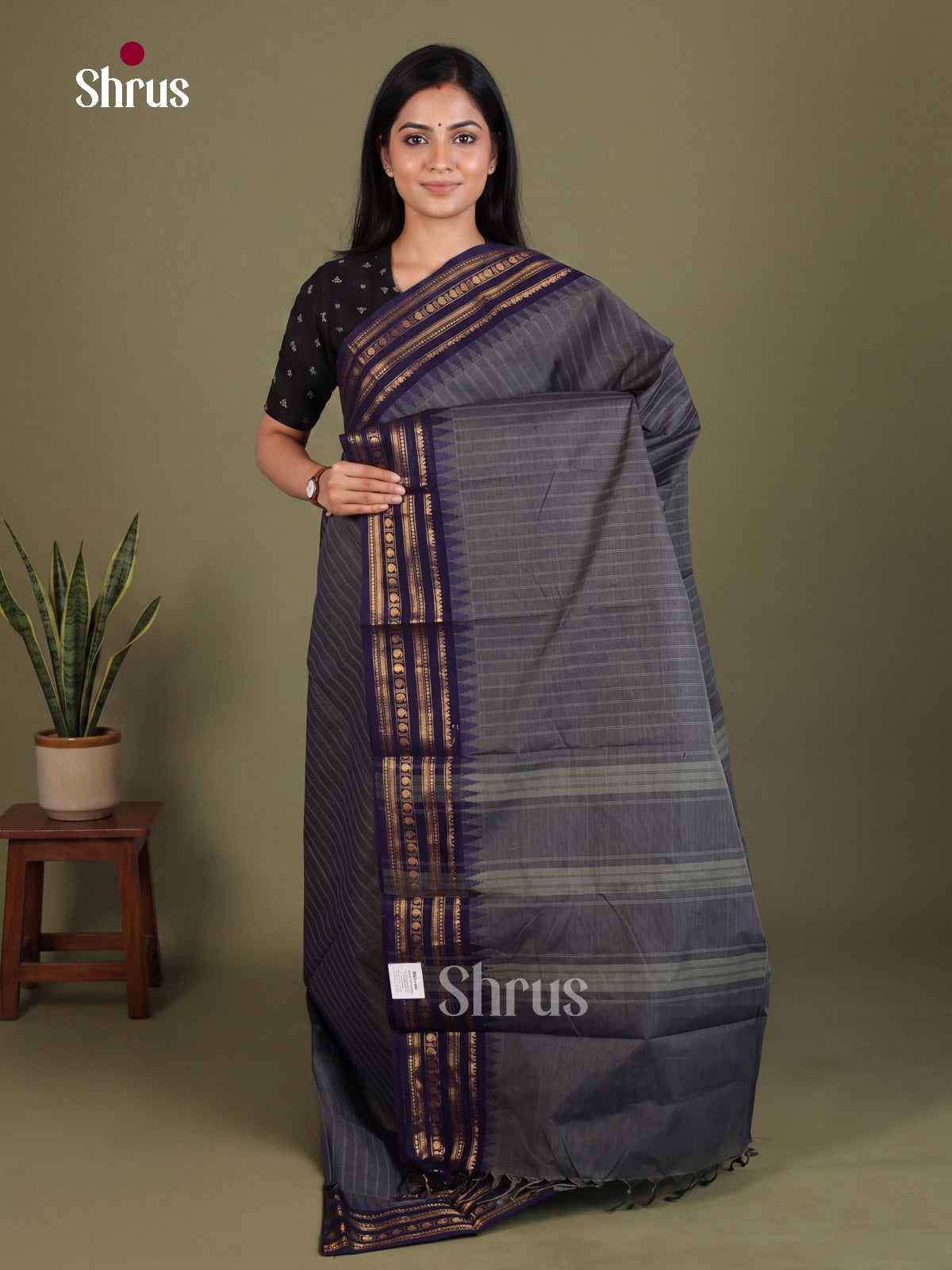 Regal Grey Chettinad Cotton Saree With Stripes & Navy Blue Zari Striped Border