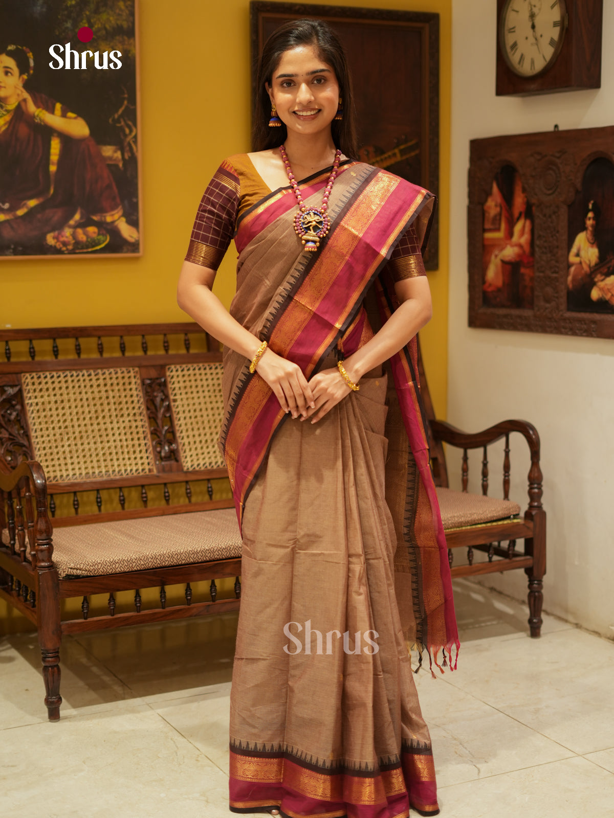 Regal Light Brown Chettinad Cotton Saree With Plain Body & Brown Temple Zari Border