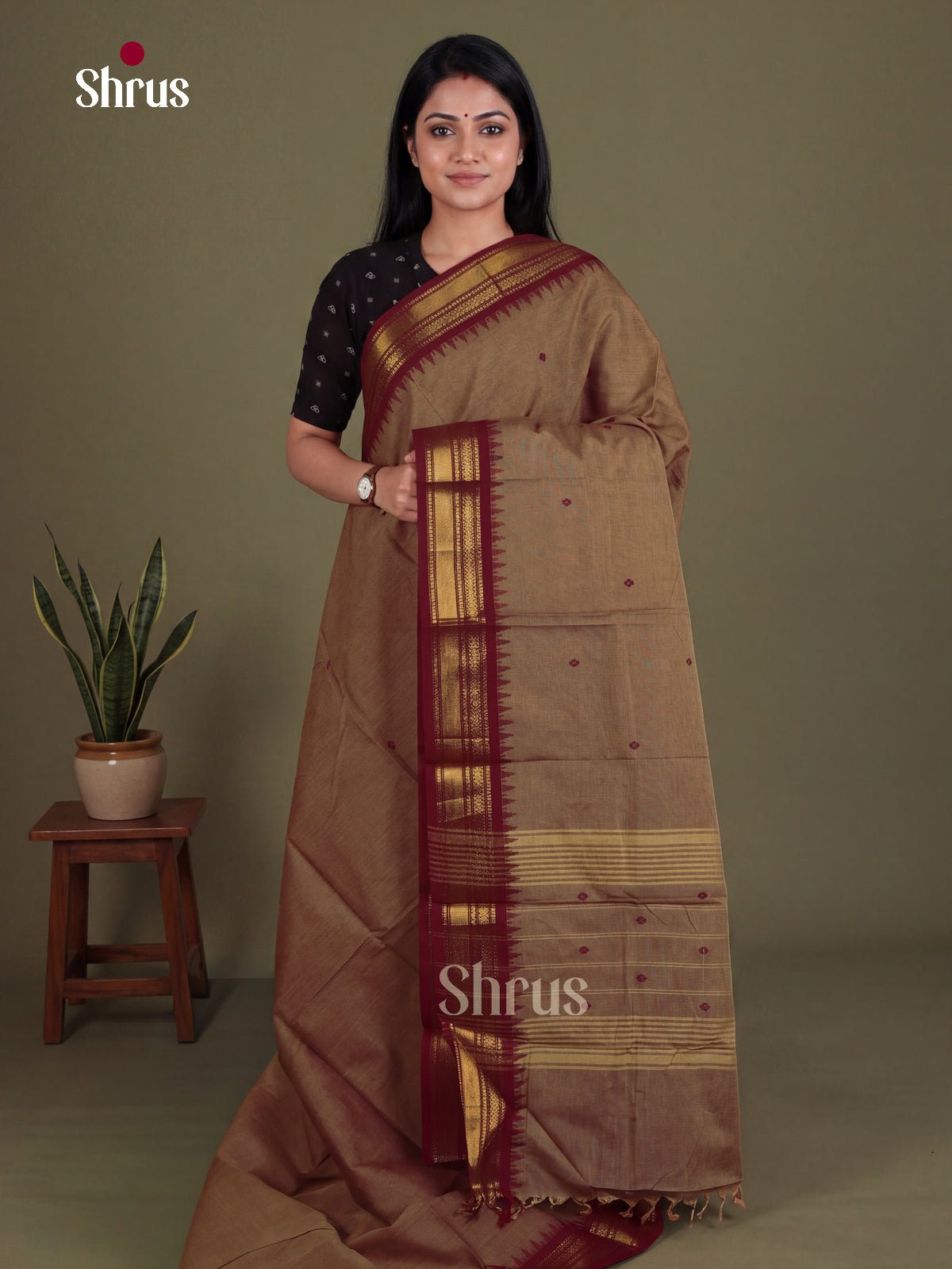 Chettinad Cotton Saree With Small Thread Buttas & Maroon Zari Border - Shop on Shrus.com