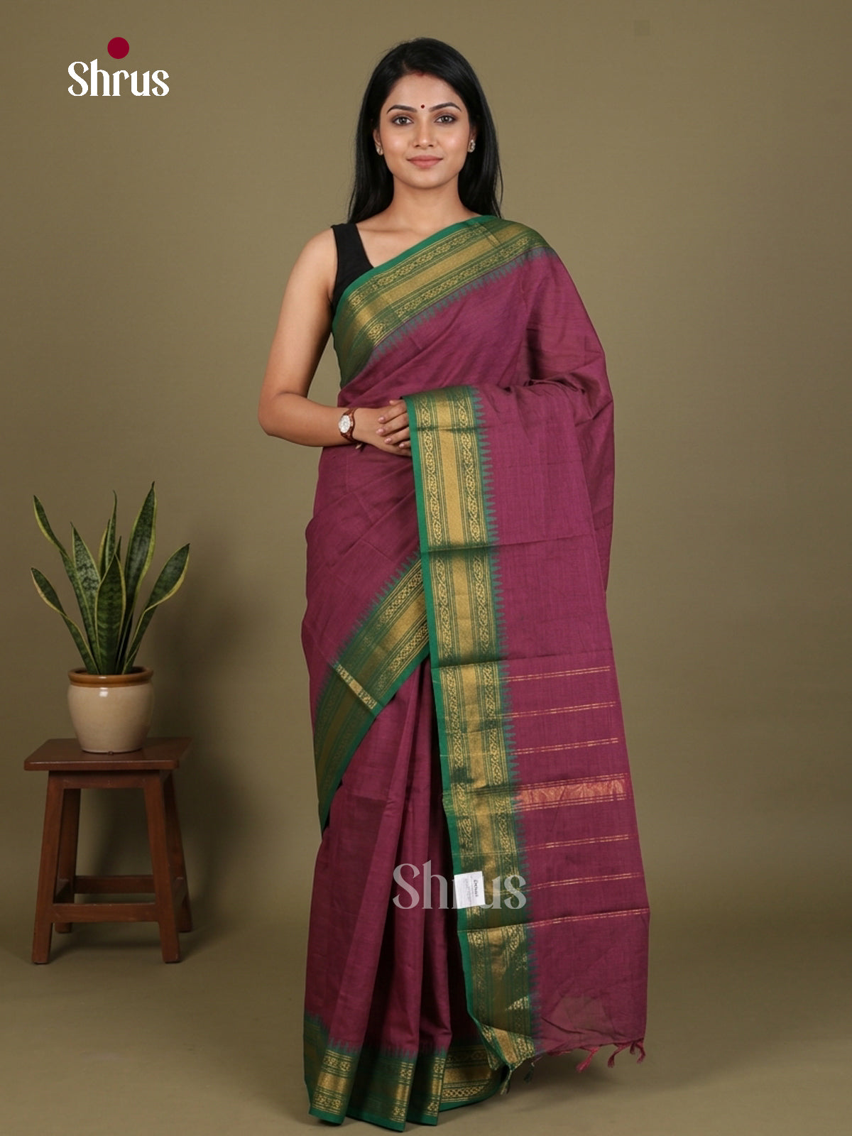 Regal Magenta Chettinad Cotton Saree With Green Zari Woven Temple Border