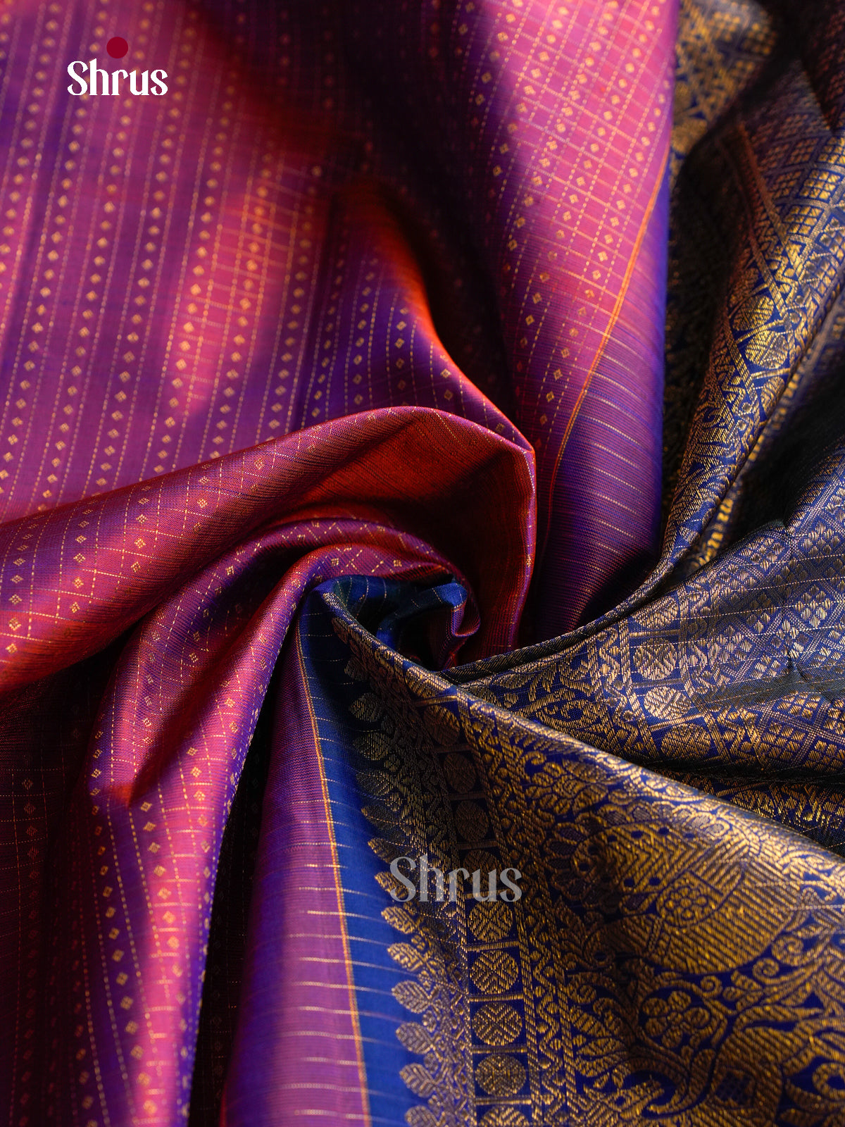 Regal Magenta Pattu Saree With Intricate Checks & Buttas | Dark Blue Zari Border & Brocade Pallu