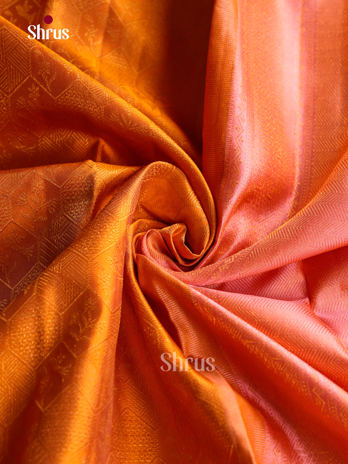 Regal Mango Orange Kanchipuram Pattu Saree With Geometric Diamond Brocade & Pink Floral Zari Border
