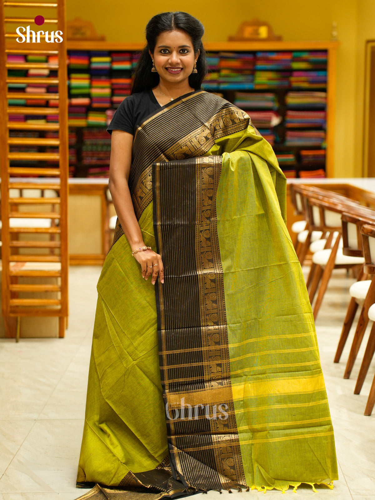 Regal Olive Green Chettinad Cotton Saree With Plain Body & Black Striped Border