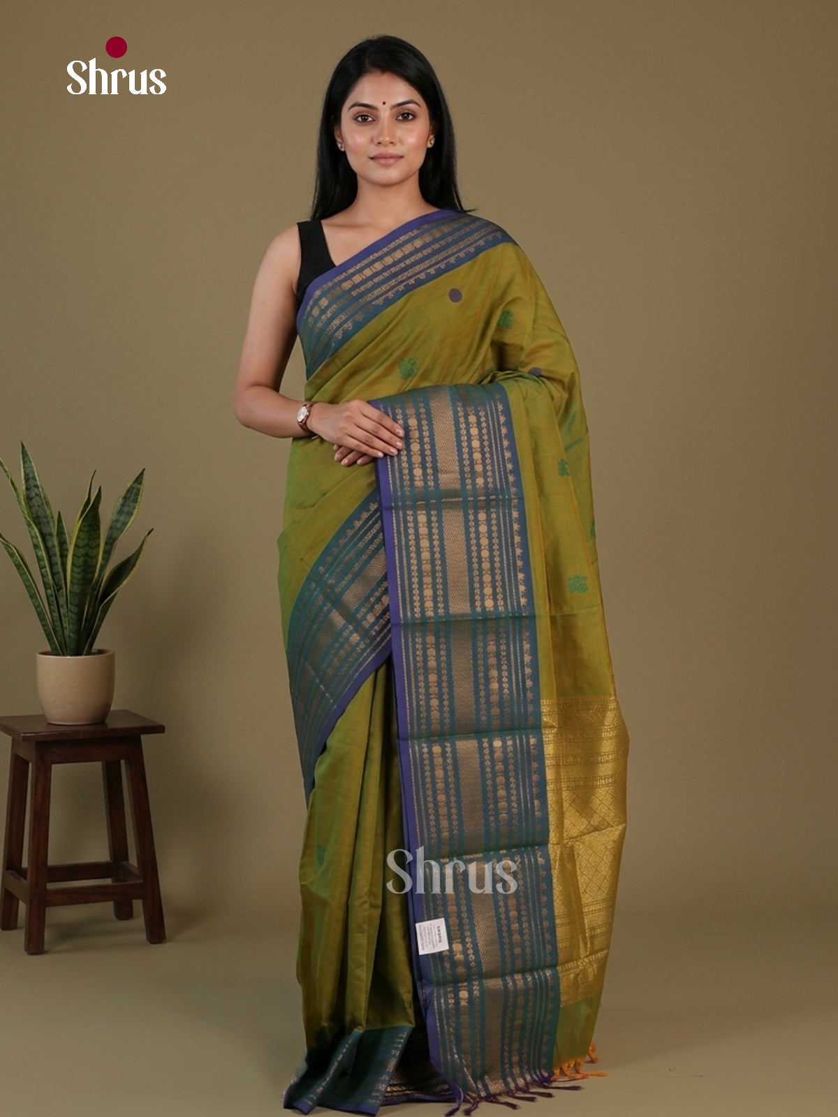 Regal Olive Green Chettinad Cotton Saree With Thread Checks & Royal Blue Zari Border