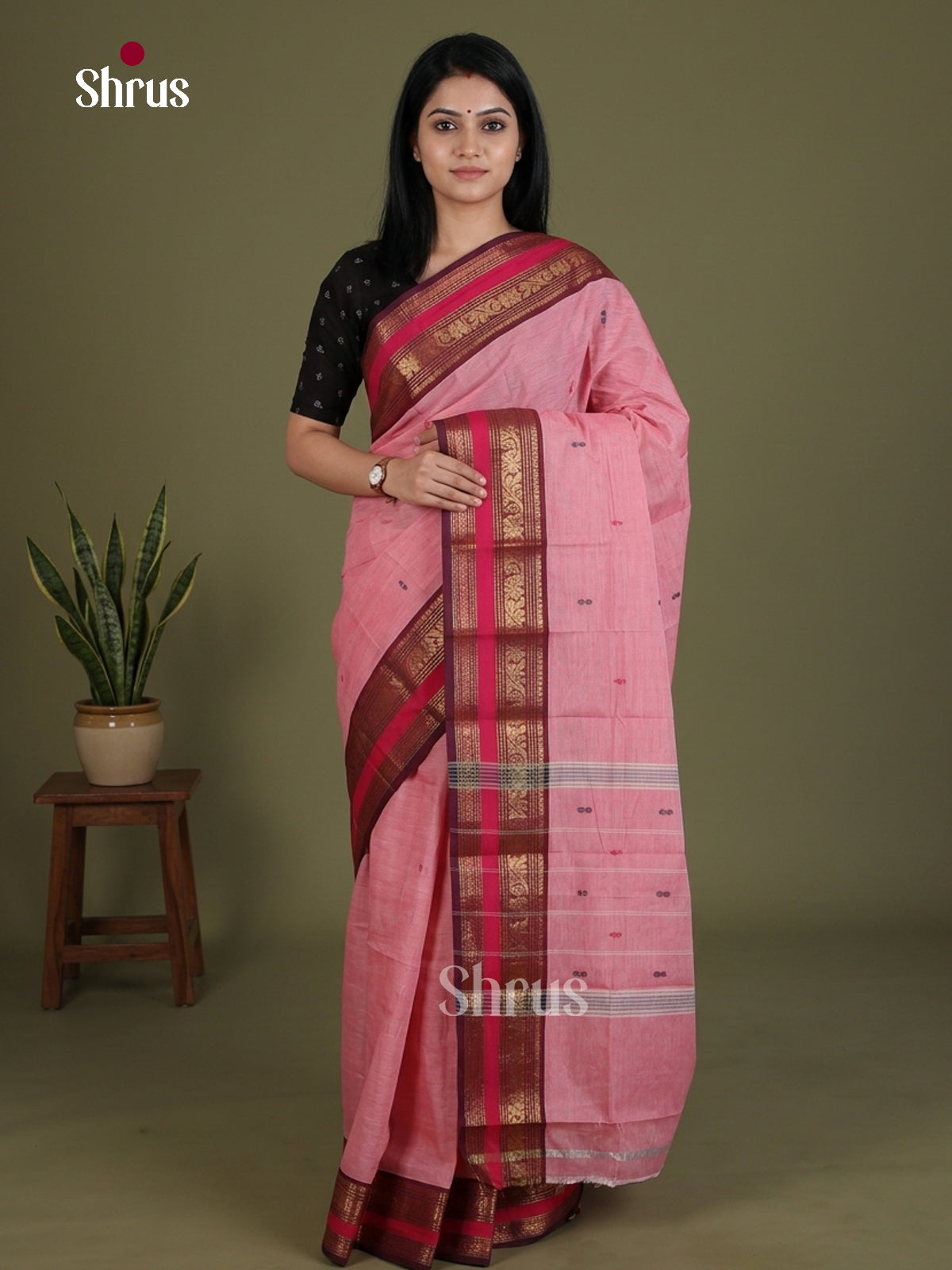 Regal Pastel Pink Chettinad Cotton Saree With Thread Buttas & Maroon Zari Border
