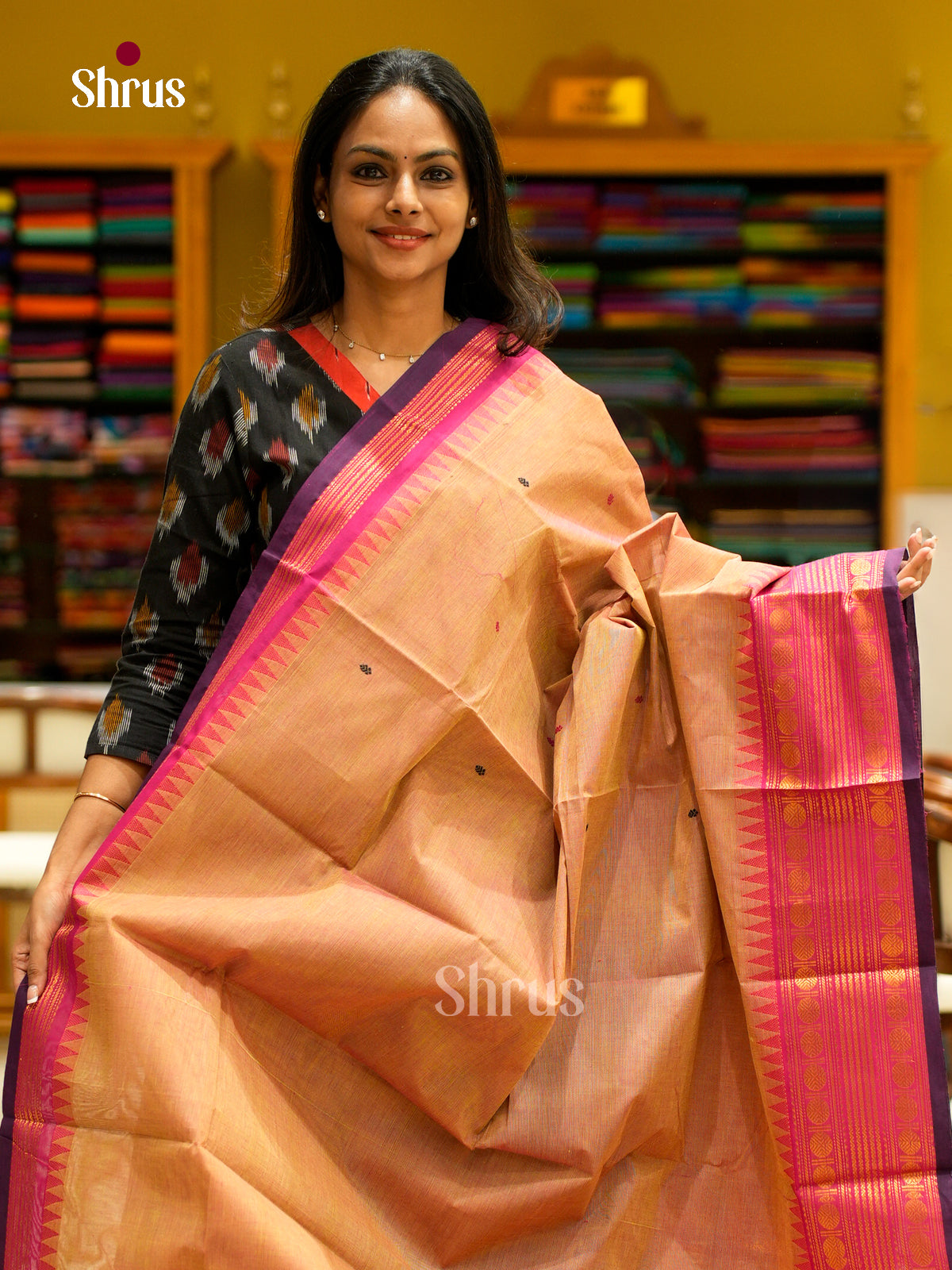 Regal Peach Chettinad Cotton Sarees With Thread Buttas & Pink Temple Zari Border