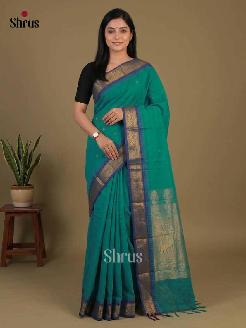 Regal Peacock Green Chettinad Cotton Saree With Gold Buttas & Blue Temple Zari Border