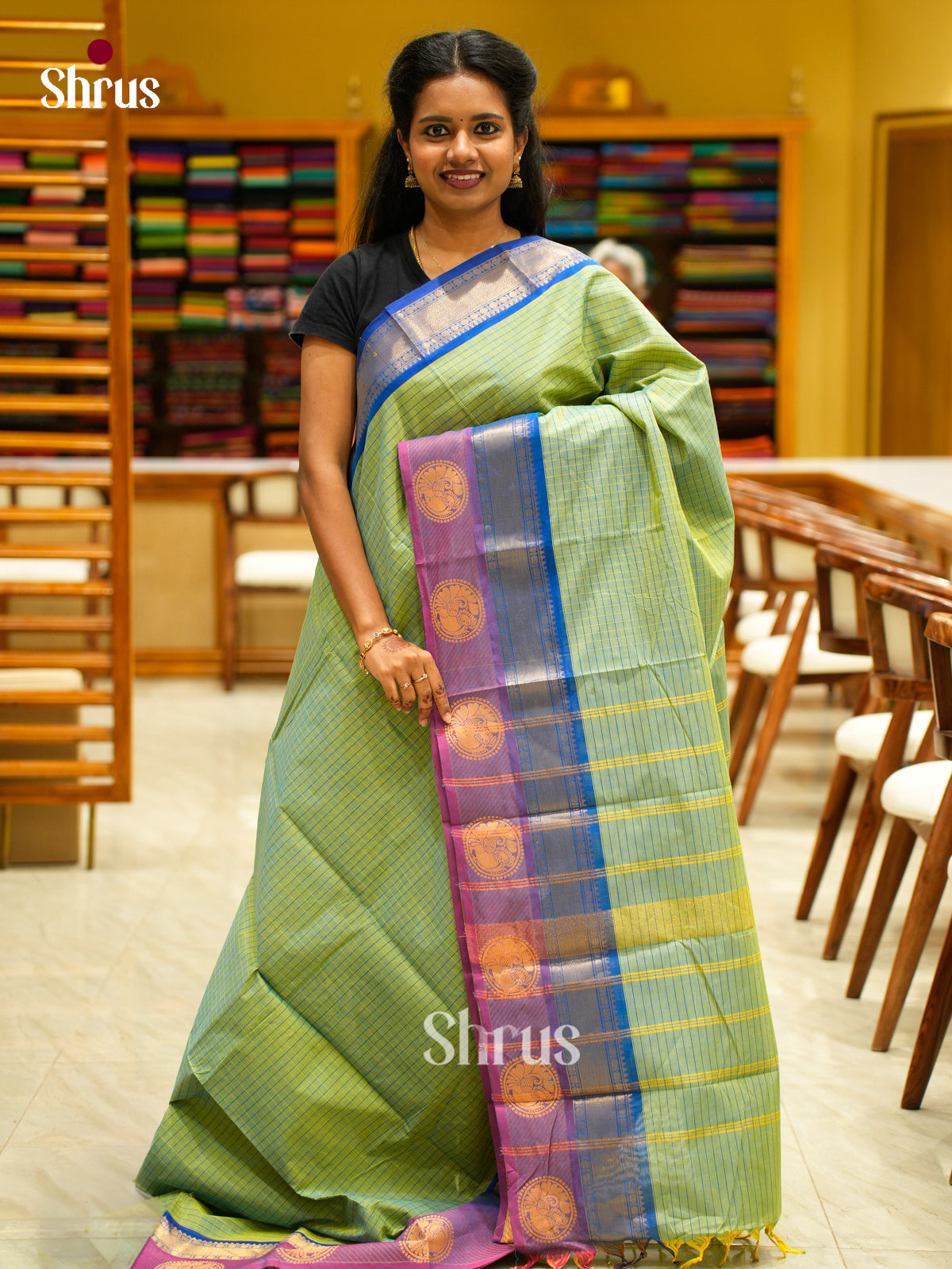 Regal Pista Green Chettinad Cotton Saree With Micro Checks & Blue Purple Zari Woven Border