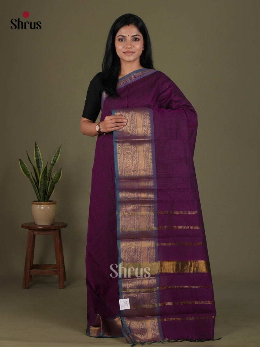 Regal Plum Purple Chettinad Saree With Subtle Horizontal Lines & Slate Blue Broad Zari Border