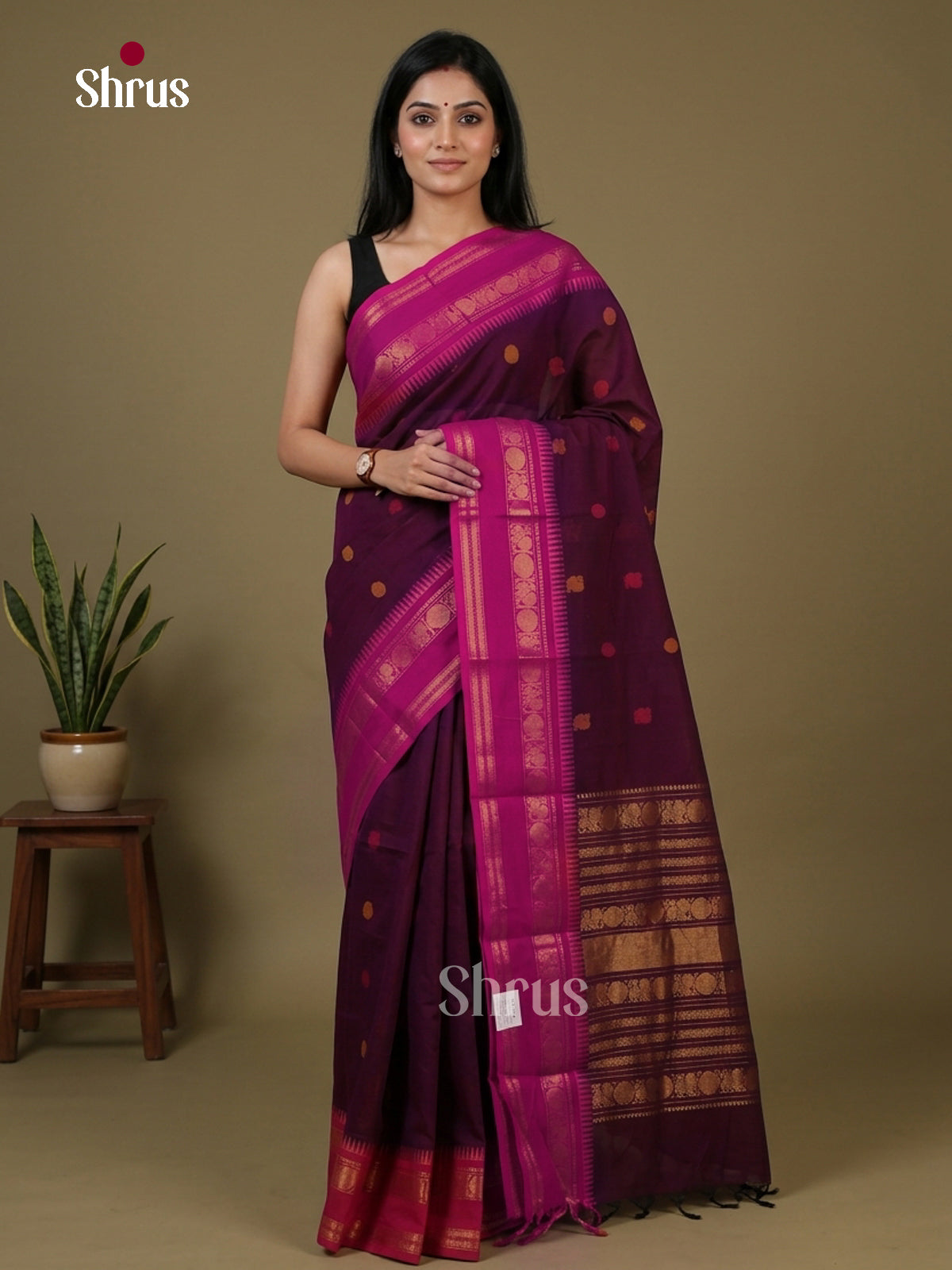 Regal Purple Chettinad Cotton Saree With Thread Buttas & Pink Rettapet Temple Zari Border