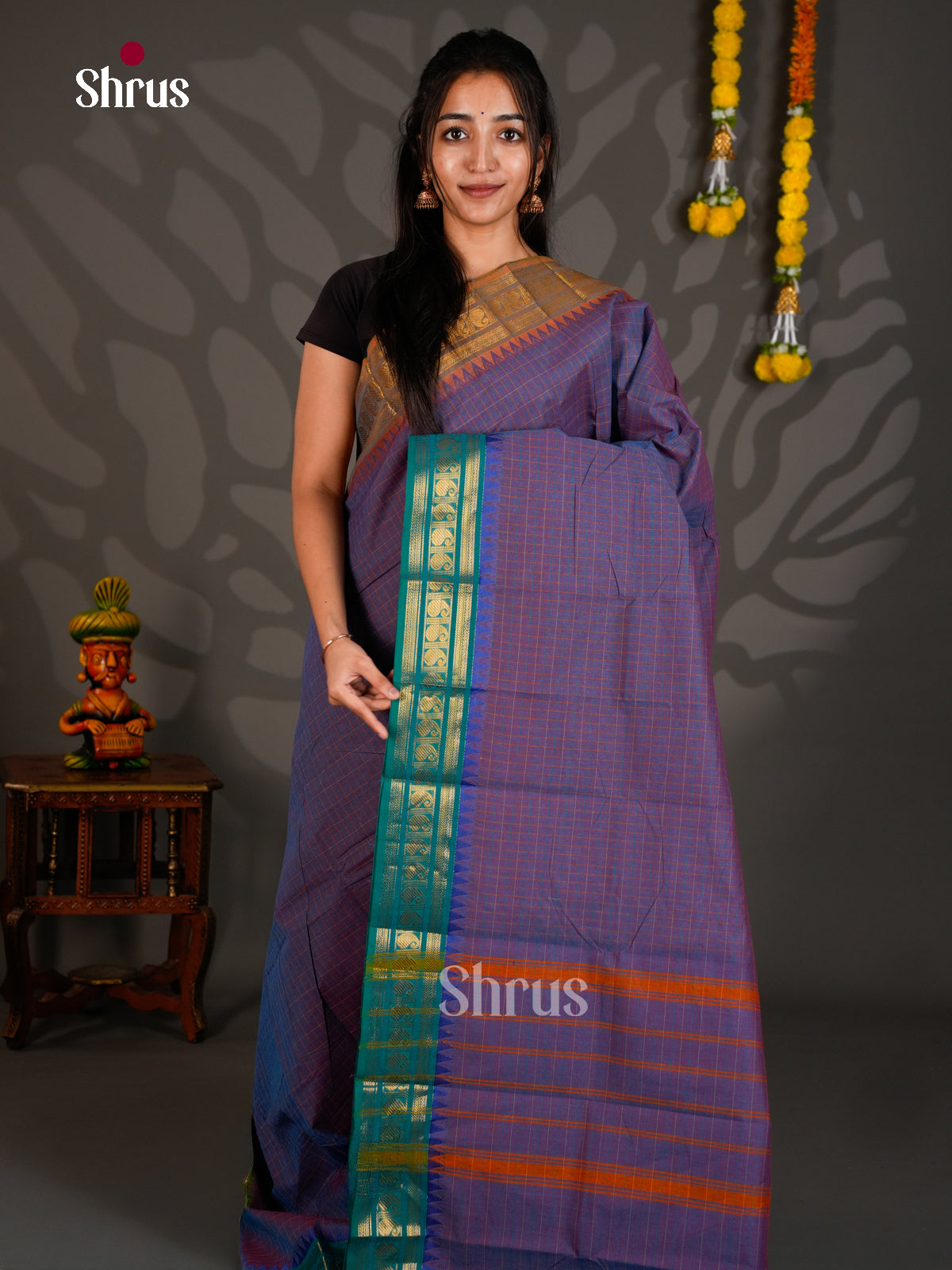 Regal Purple Chettinad Cotton Saree With Thread Woven Checks & Zari Border