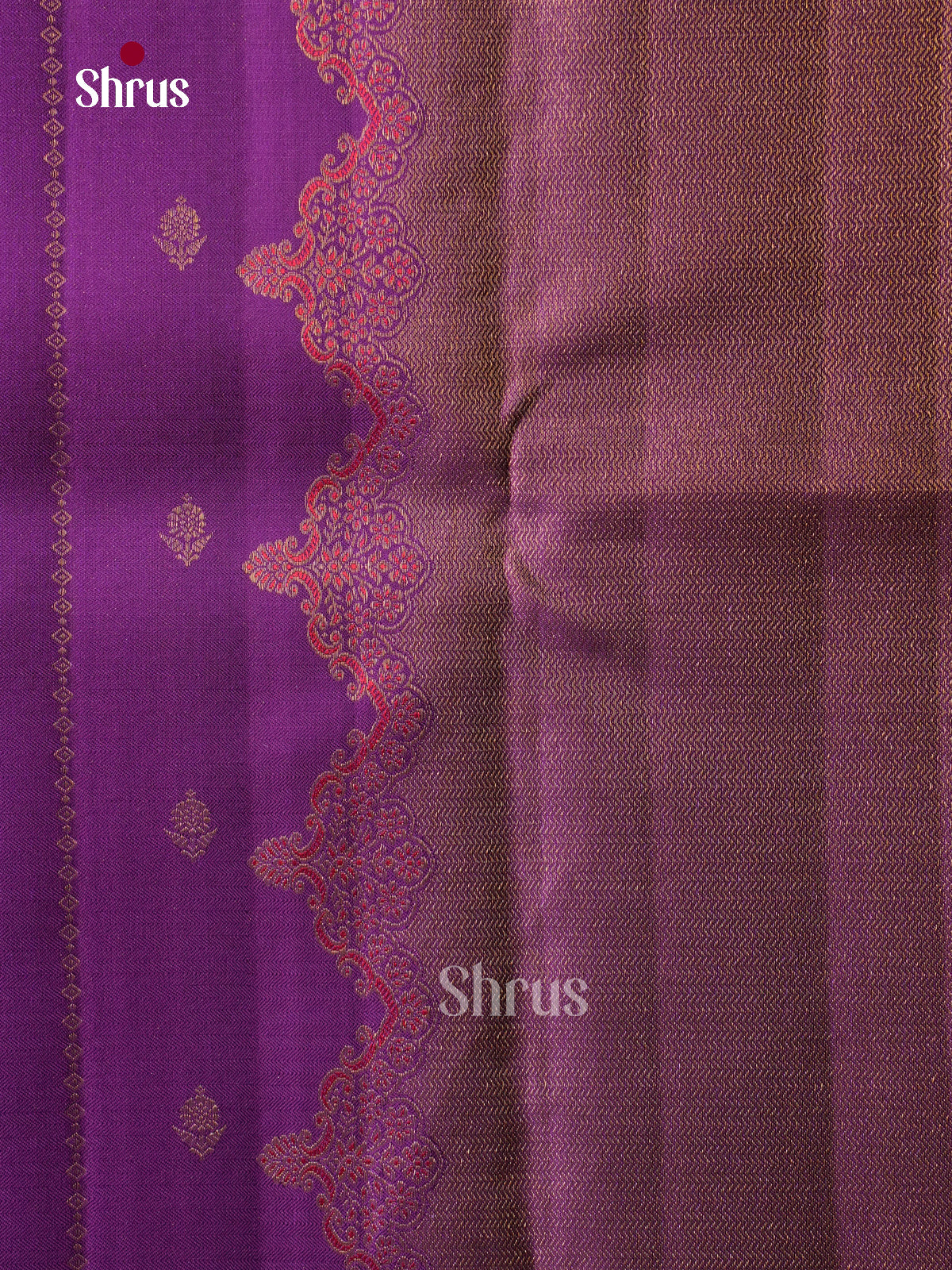 Regal Purple Kanchi Pattu Saree With Stripes & Floral Buttas | Scalloped Border With Pink Selvedge