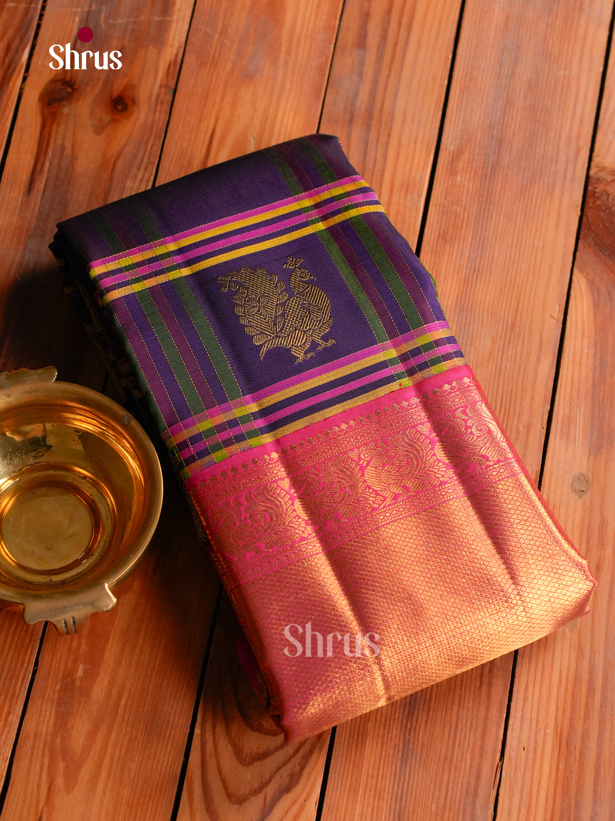 Regal Purple Kanchipuram Sarees With Checks & Gold Buttas, Pink Zari Border & Brocade Pallu