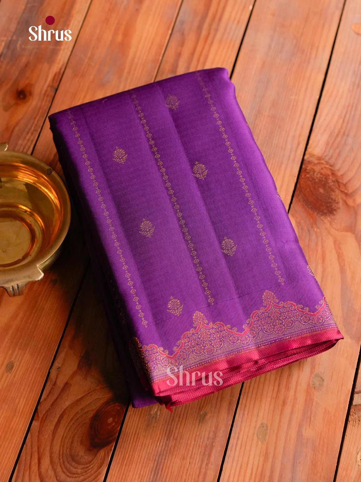 Regal Purple Kanchipuram Silk Saree With Stripes & Floral Buttas | Scalloped Border With Pink Selvedge