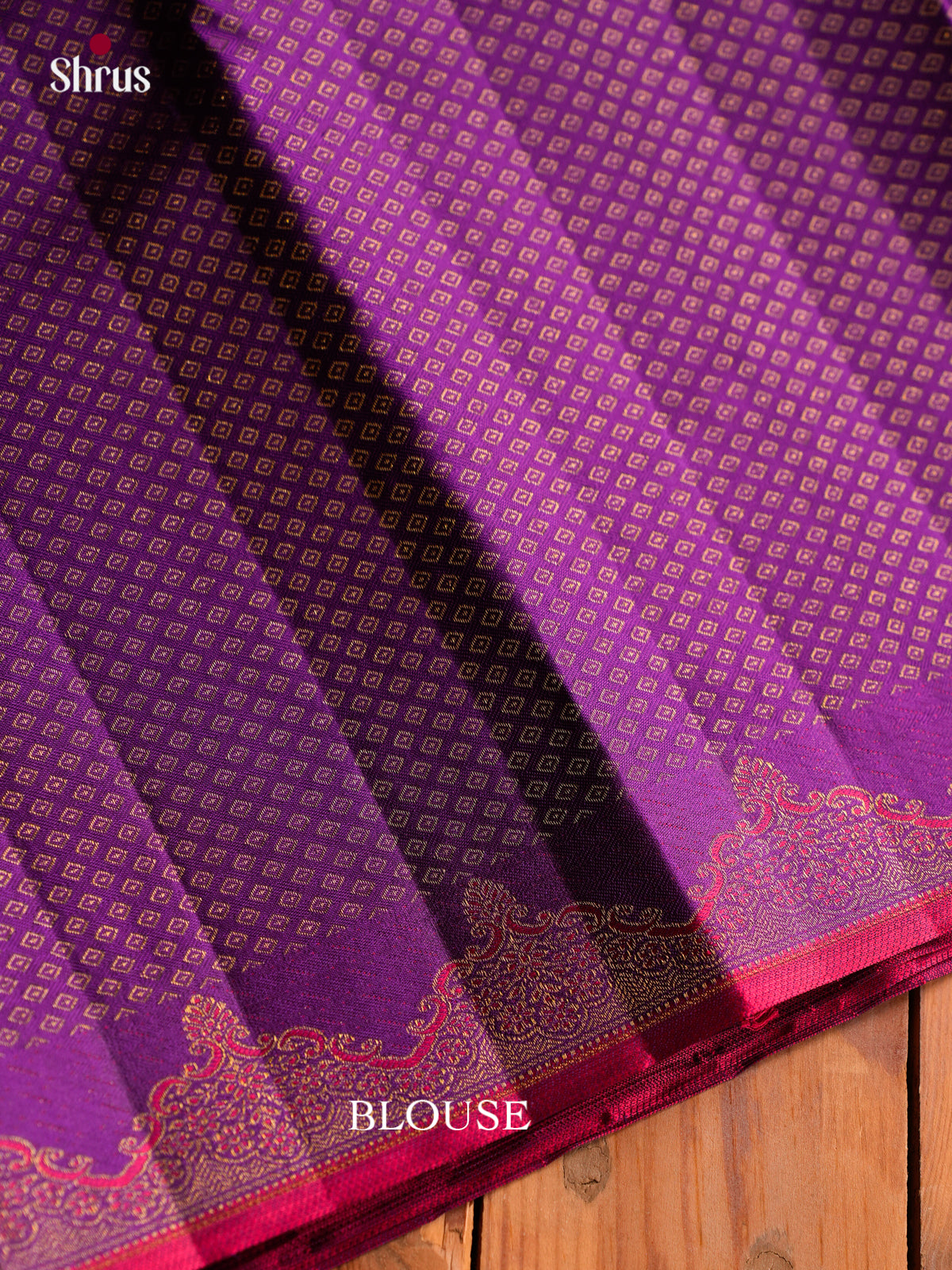 Regal Purple Silk Saree With Stripes & Floral Buttas | Scalloped Border With Pink Selvedge