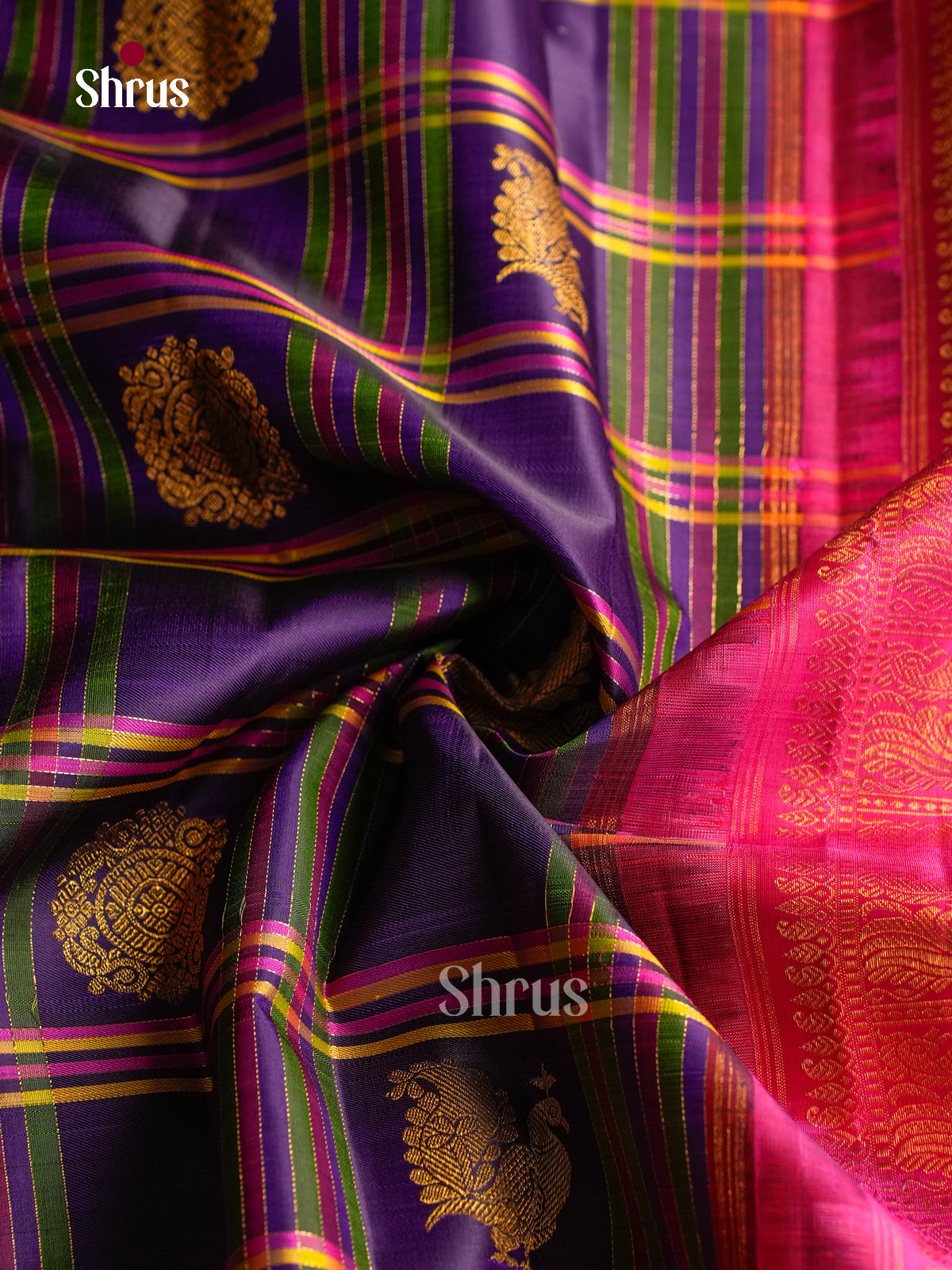 Regal Purple Silk Sarees With Checks & Gold Buttas, Pink Zari Border & Brocade Pallu