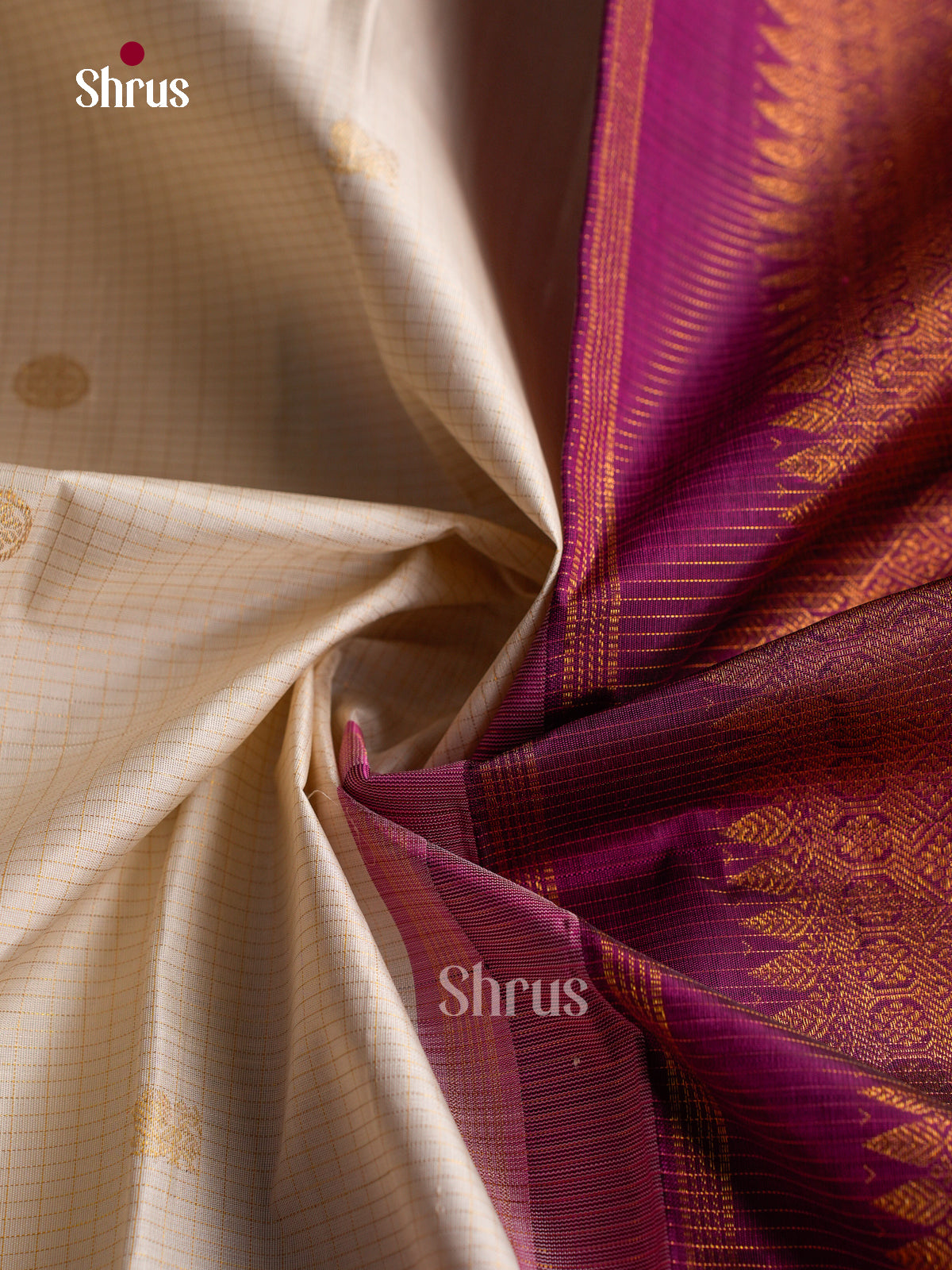 Rich Off White Silk Saree With Gold Checks & Buttas | Purple Border With Zari Bands